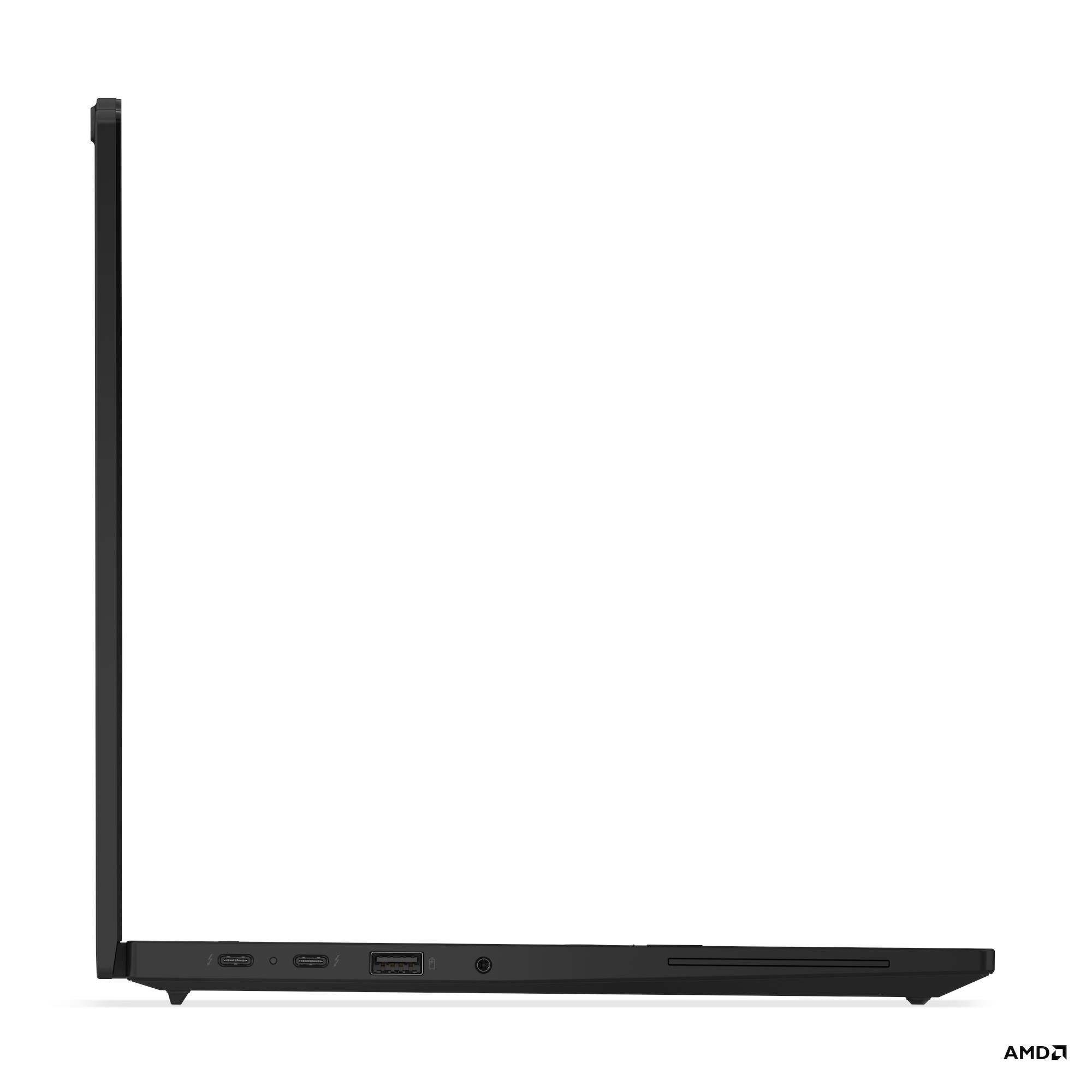 Vista laterale di un laptop nero su sfondo bianco. Sono visibili le porte e il logo AMD.
