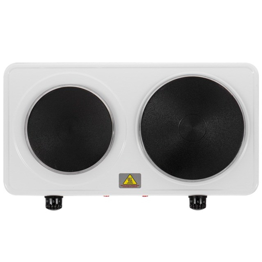 Biała podwójna płyta grzejna z dwoma czarnymi elementami grzewczymi, znakiem ostrzegawczym i czarnymi pokrętłami.