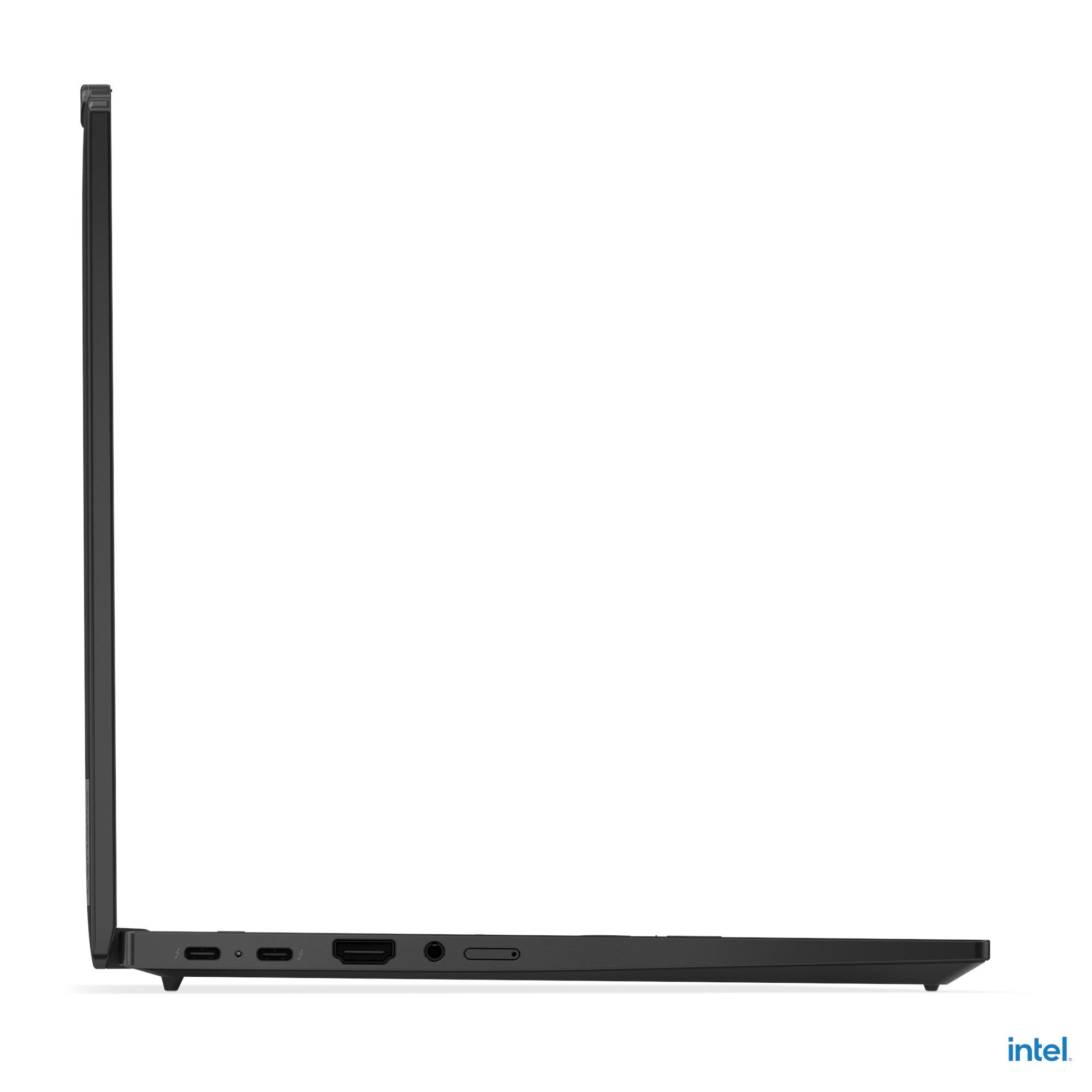 Vista laterale di un laptop nero. Porte e connettori visibili sul lato. Logo Intel in basso a destra.