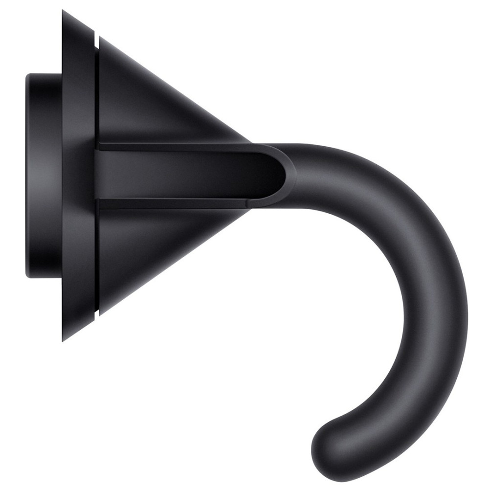 Czarny, abstrakcyjny obiekt z okrągłą podstawą, trójkątnym korpusem i zakrzywionym uchwytem na białym tle.