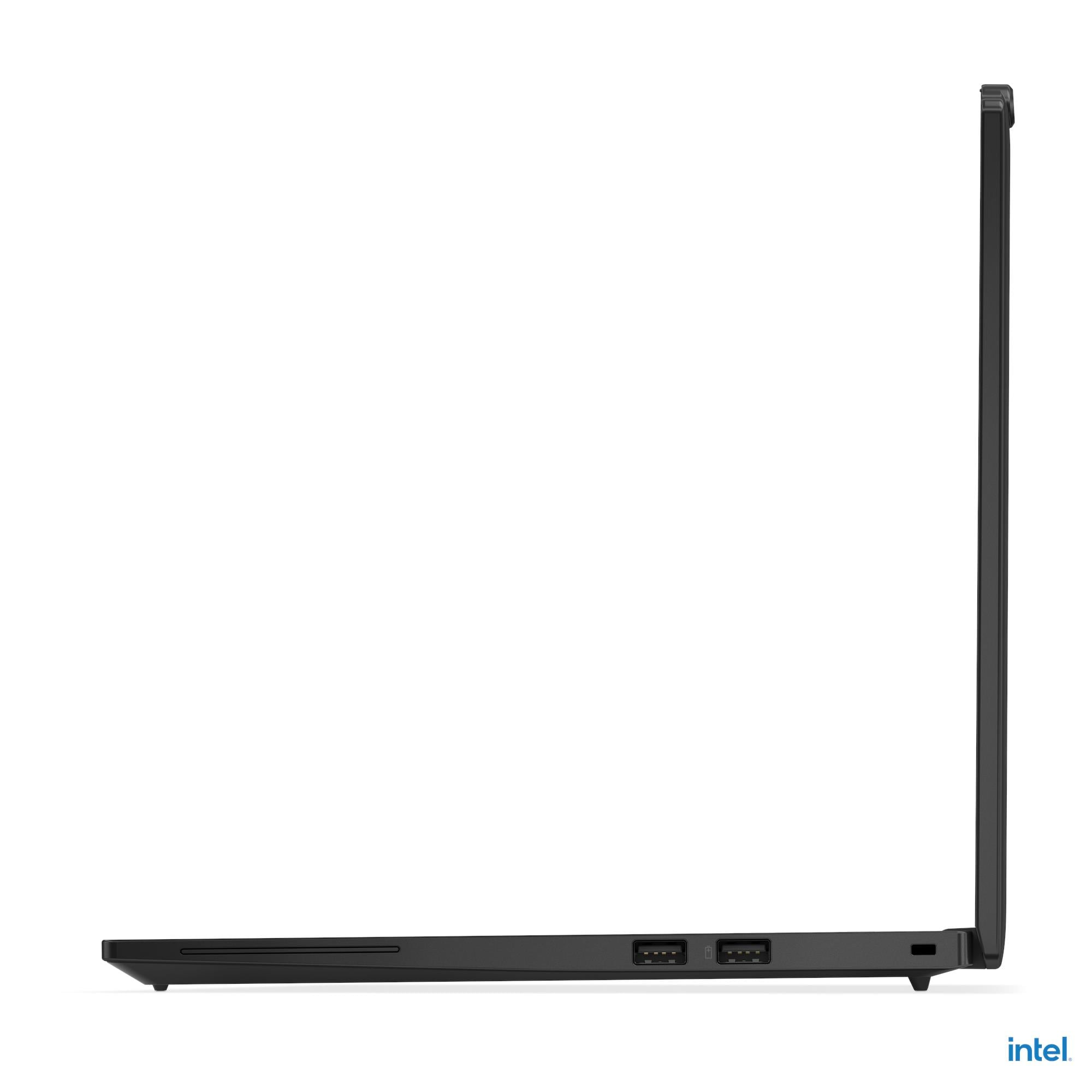 Vista laterale di un laptop nero su sfondo bianco. Le porte sono visibili. Il logo Intel è in basso a destra.