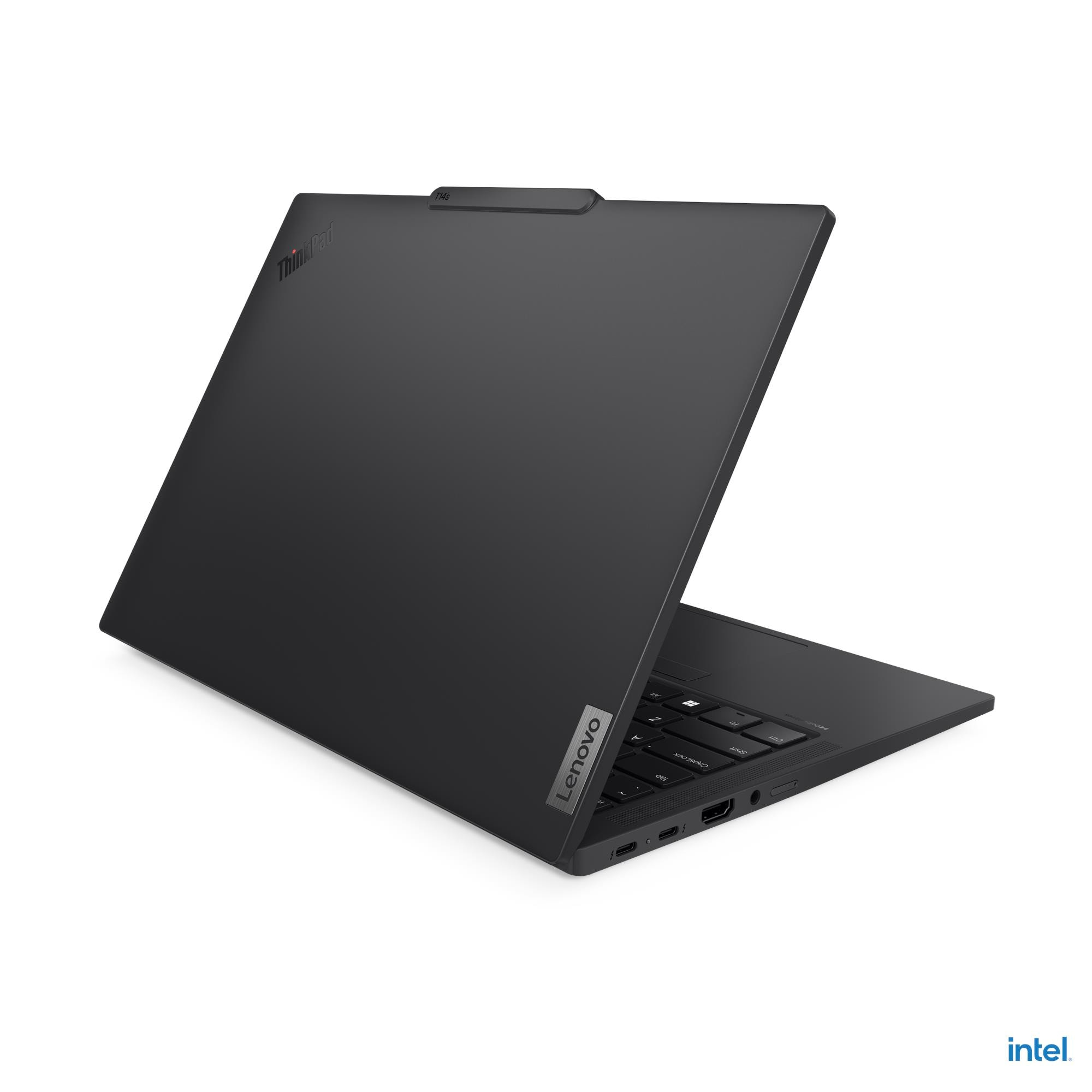 Un laptop Lenovo ThinkPad nero. Lo schermo è aperto, mostra la tastiera e il trackpad. Il logo Intel è visibile.