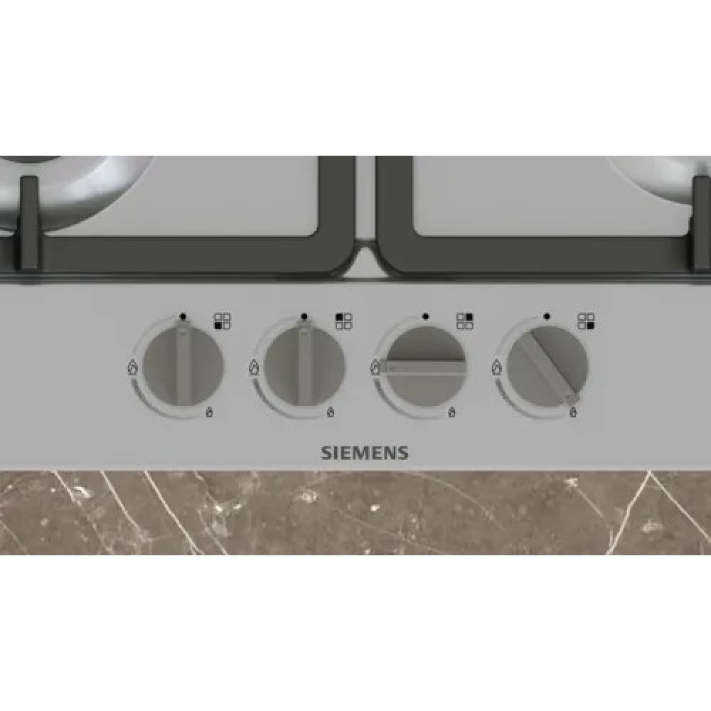 Zbliżenie kuchenki gazowej Siemens z czterema pokrętłami i dwoma palnikami. Pokrętła są jasnoszare, a powierzchnia marmurowa.