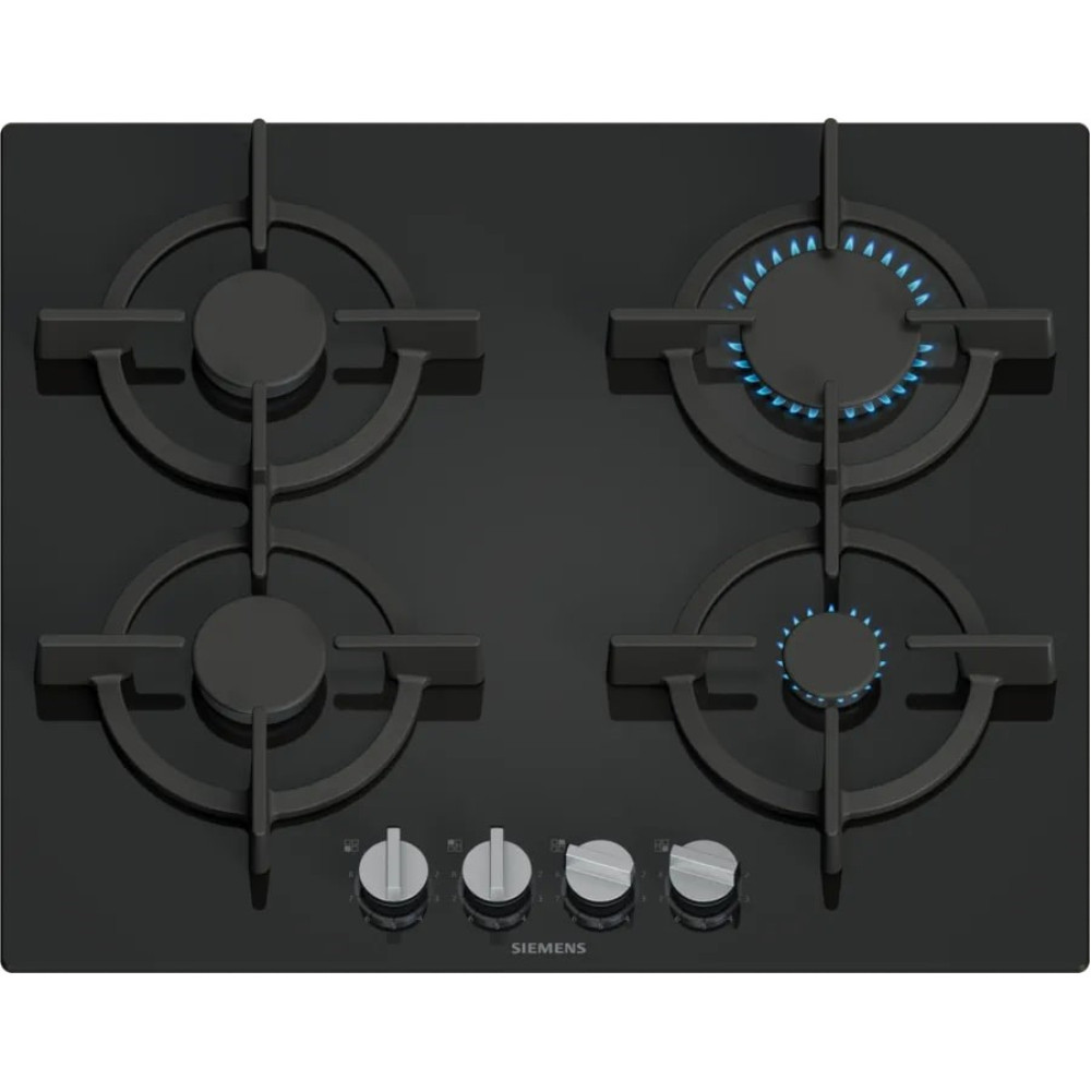 Czarna płyta gazowa Siemens z czterema palnikami, jeden płonie niebieskim płomieniem. Pokrętła na dole.