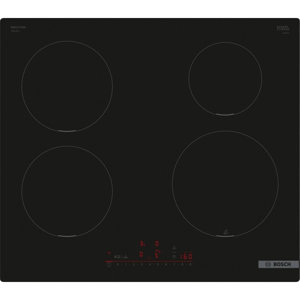 Czarna płyta indukcyjna z czterema okrągłymi palnikami, czerwonym wyświetlaczem cyfrowym i logo Bosch. Widoczne etykiety Schott Ceran i Induction.