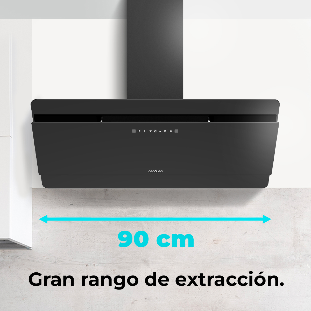 Una campana extractora negra con un rango de extracción de 90 cm. Está montada en una pared blanca sobre una superficie texturizada.