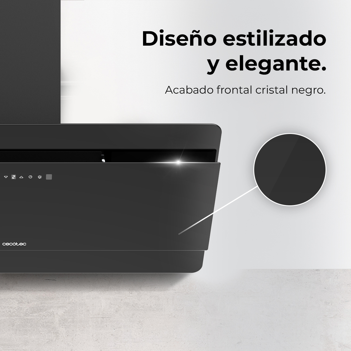 Una campana extractora de cocina negra y elegante. Tiene una pantalla digital y un detalle circular. Texto: 'Diseño elegante'.
