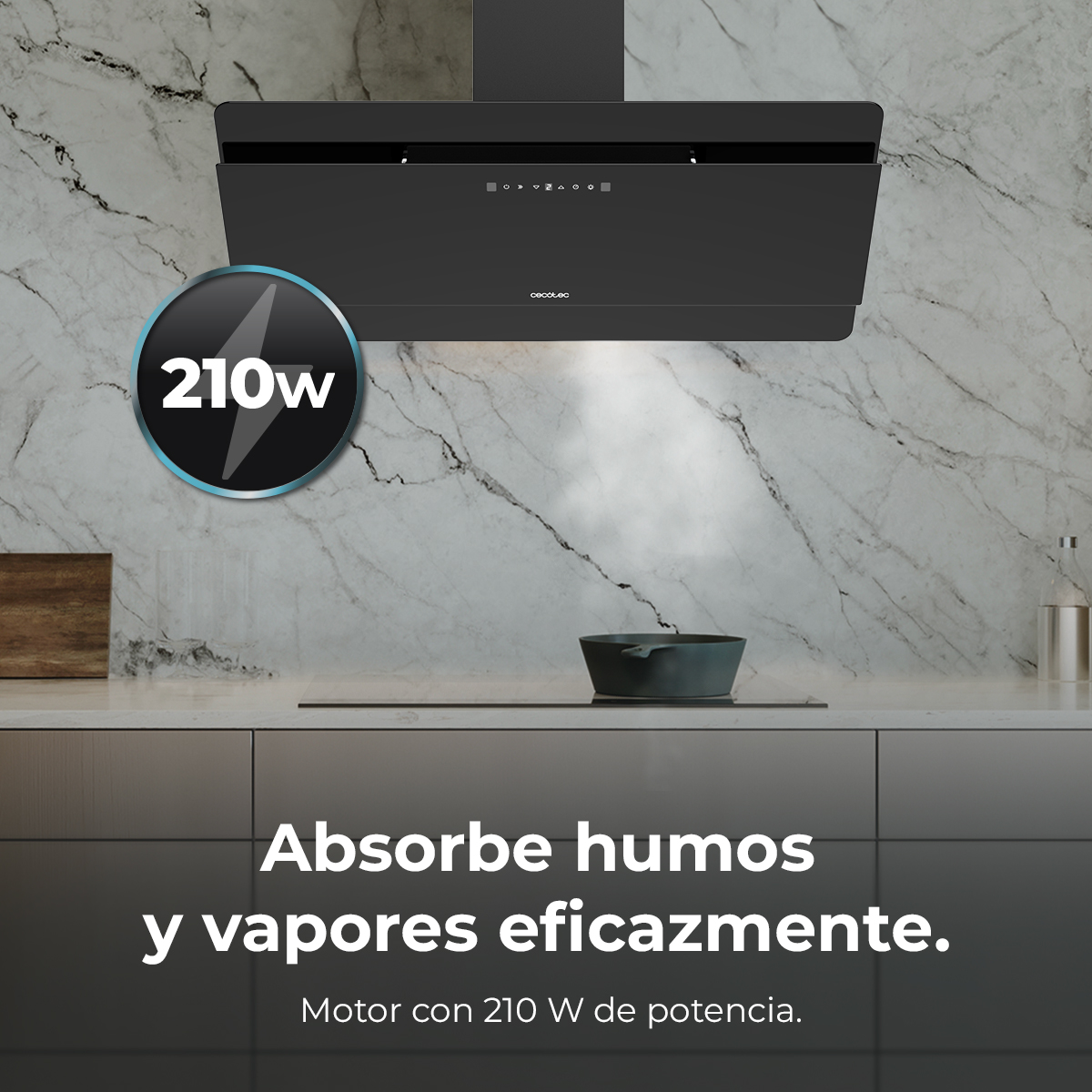 Una campana extractora negra sobre una estufa con una olla, y texto que dice: Absorbe humos y vapores eficazmente. Motor con 210 W de potencia.