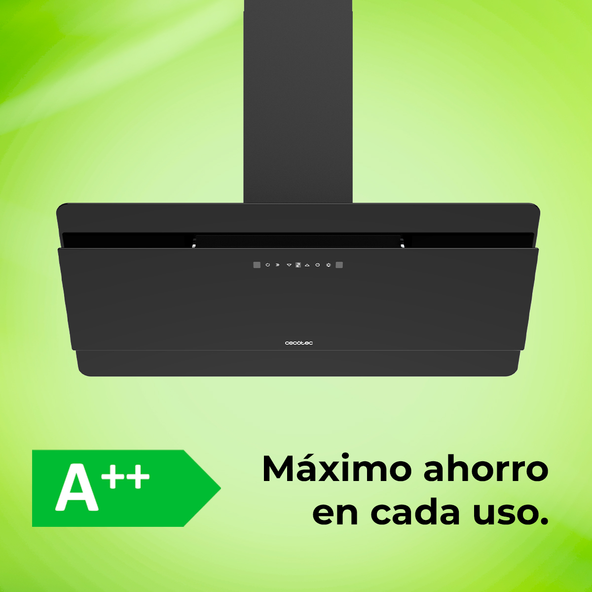 Una campana extractora negra sobre fondo verde. Tiene botones de control. Texto: 'Máximo ahorro en cada uso' y 'A++'.