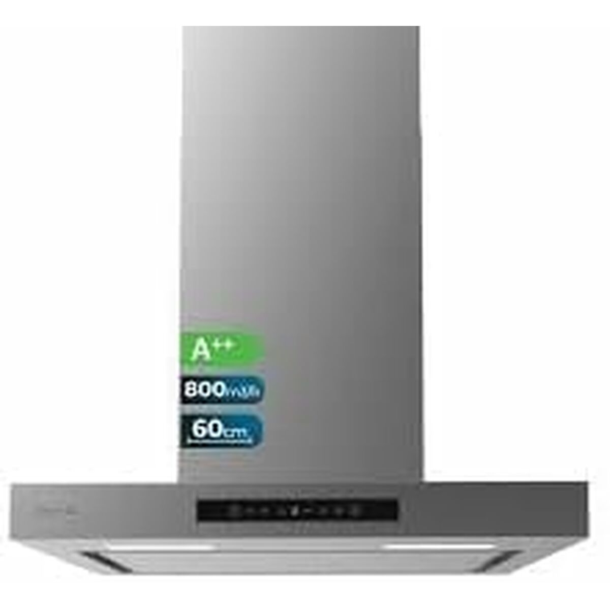 Eine metallische Küchenhaube. Sie hat die Energieeffizienzklasse A++, eine Kapazität von 800 m3/h und ist 60 cm breit. Mit digitaler Anzeige und Lichtern.