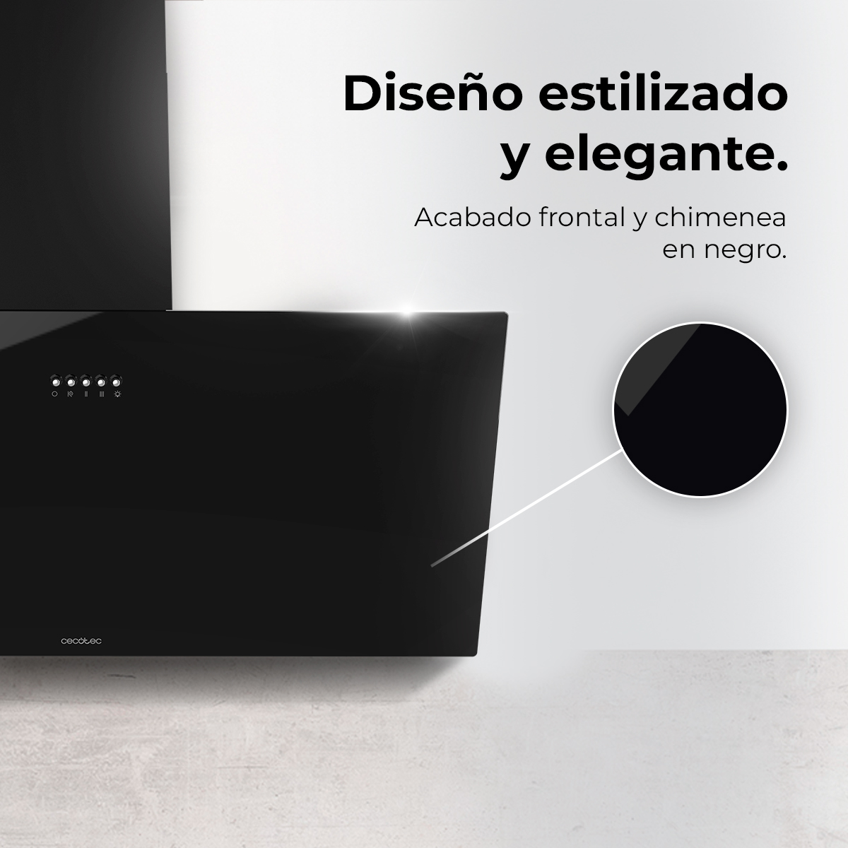 Una campana extractora negra y elegante con un diseño minimalista. El texto la describe como estilizada y elegante con acabado negro.