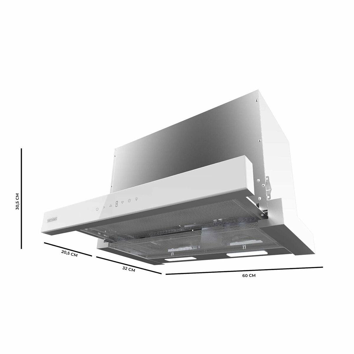 Se muestra una campana extractora de cocina blanca y plateada, con medidas etiquetadas. Tiene un filtro de malla y está sobre fondo blanco.