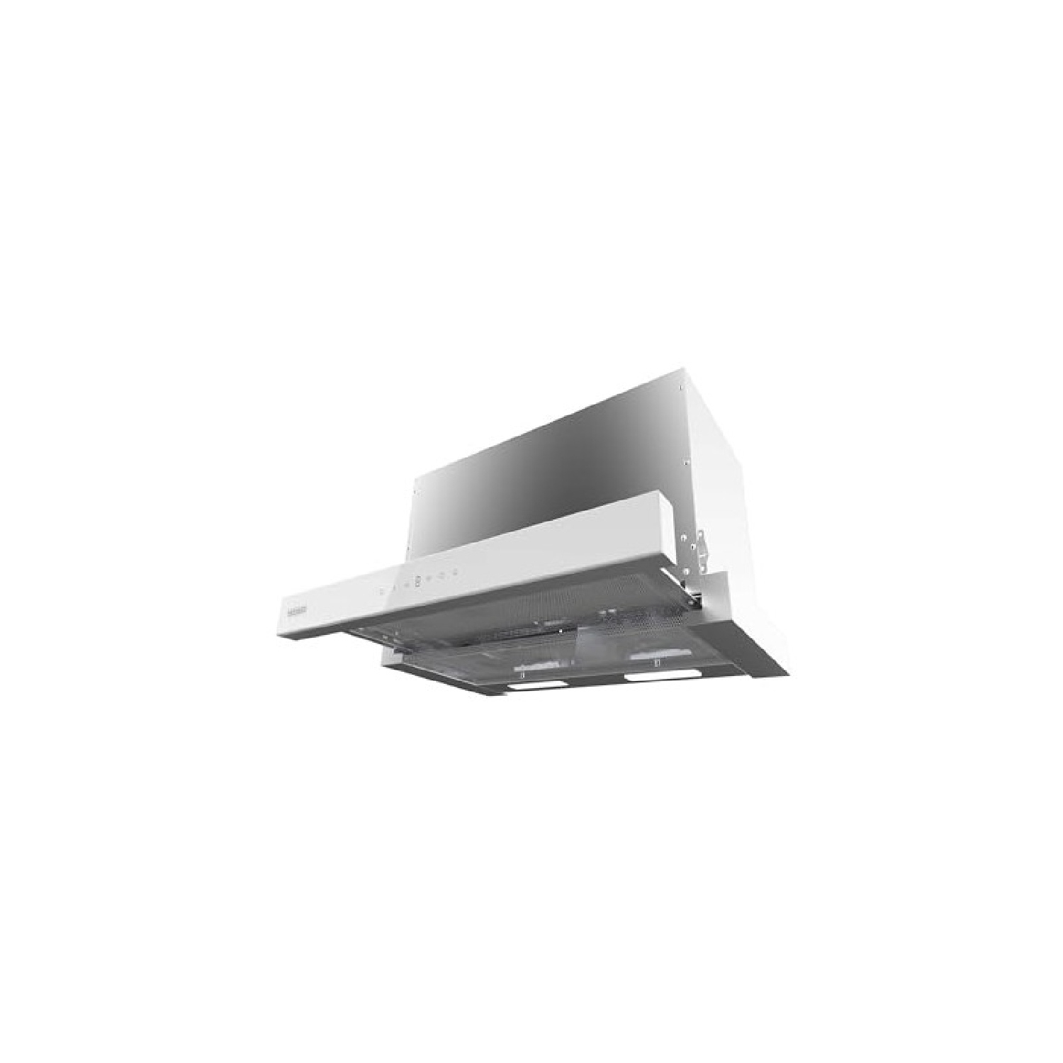 Una campana extractora blanca está aislada sobre un fondo blanco. Tiene forma rectangular y una parte superior de acero inoxidable.