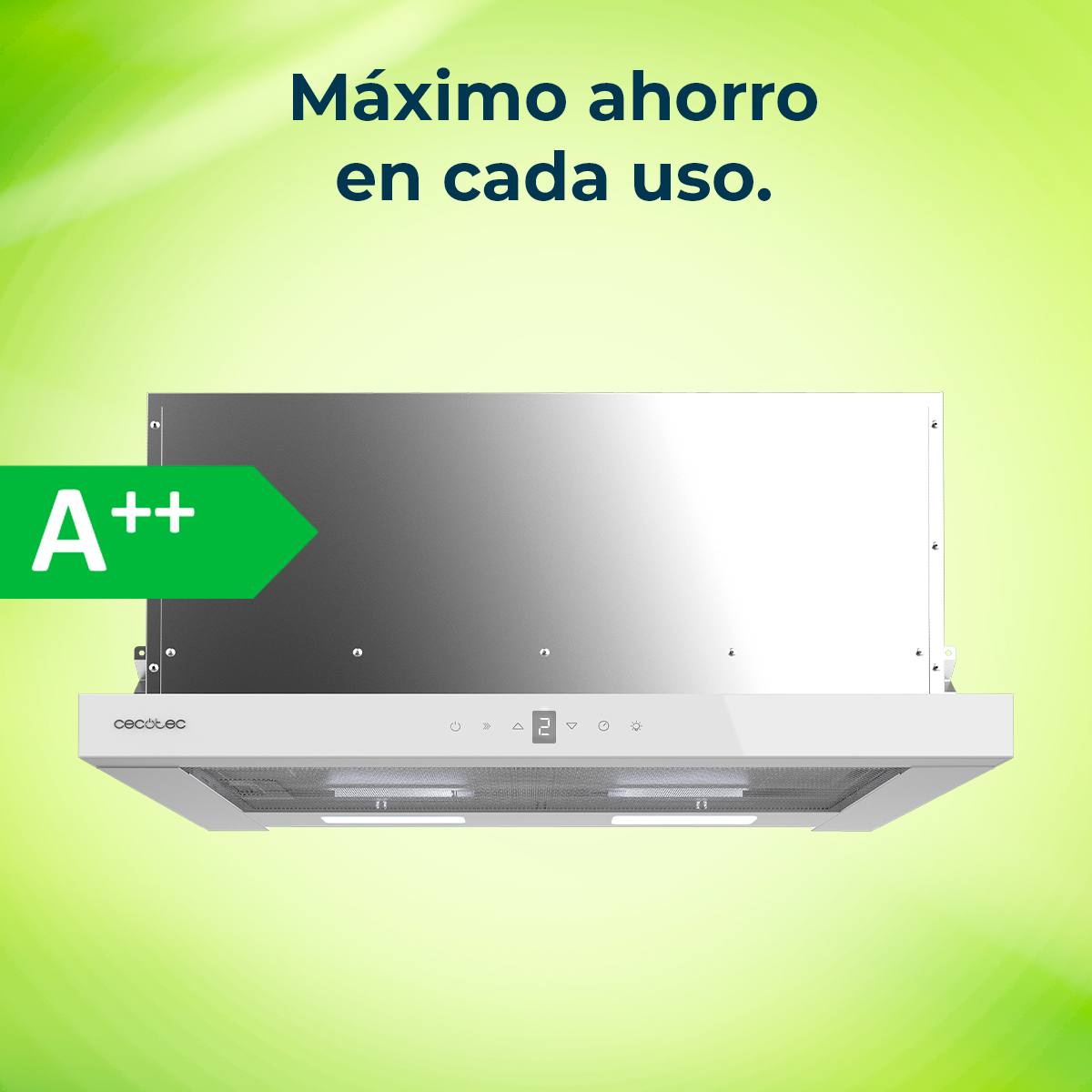 Una campana extractora blanca con etiqueta energética A++. El fondo es verde degradado. Texto arriba: Máximo ahorro en cada uso.