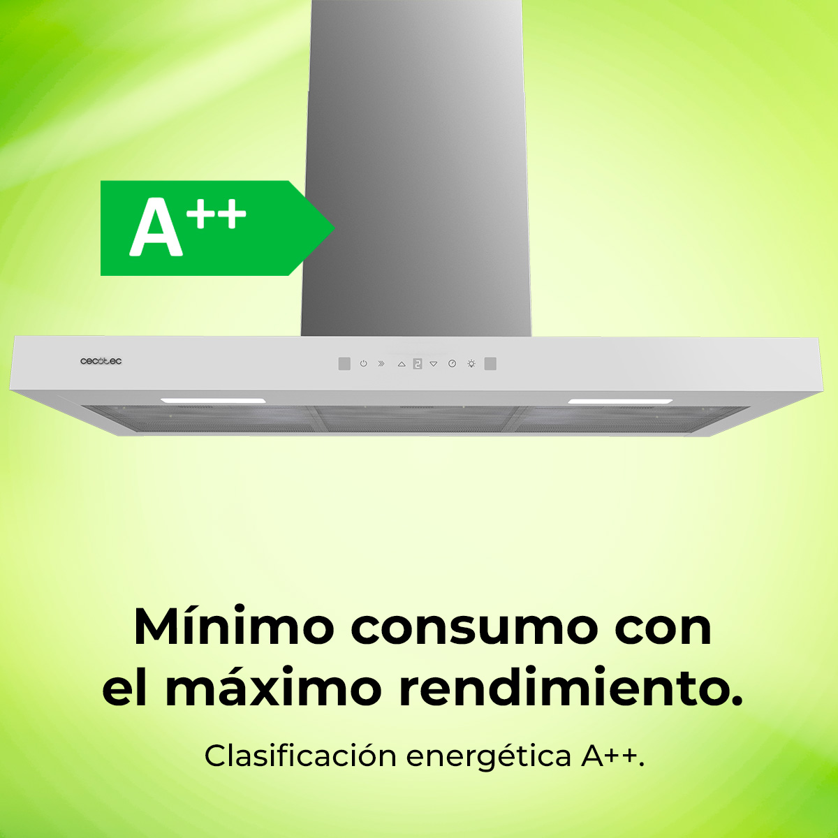 Cappa bianca con classe energetica A++. Testo: 'Consumo minimo con le massime prestazioni'. Sfondo verde e giallo.