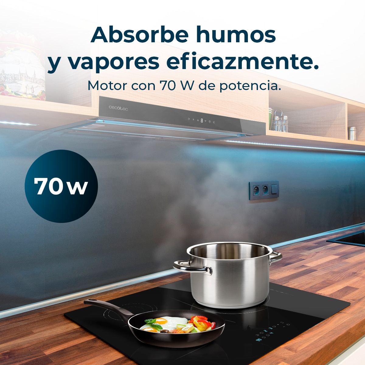 Escena de cocina con estufa, sartén con comida y olla. Encima, una campana extractora. Texto dice 'Absorbe humos'.