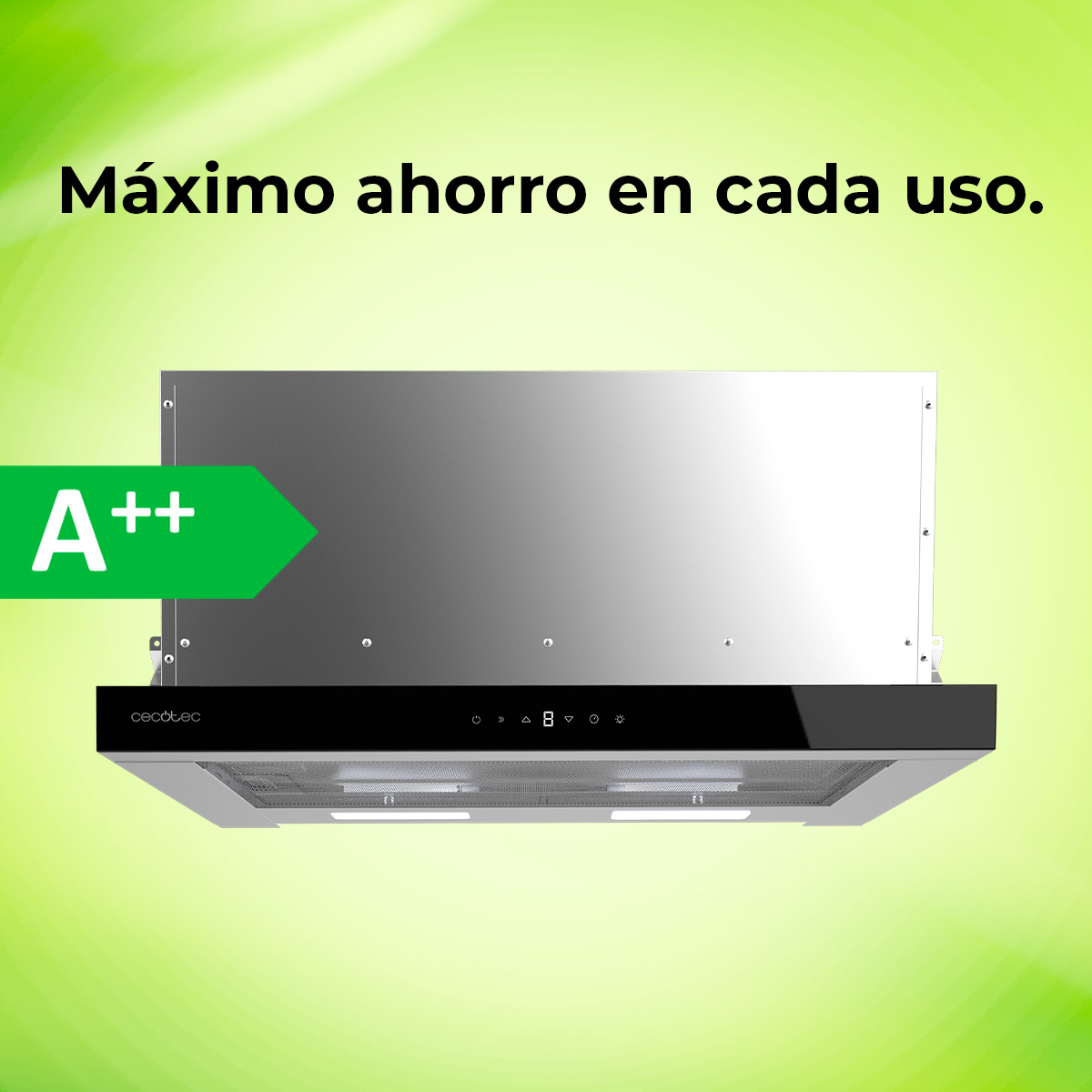 Una campana extractora metálica se muestra sobre un fondo verde degradado. Tiene un panel de control negro y una etiqueta energética verde.