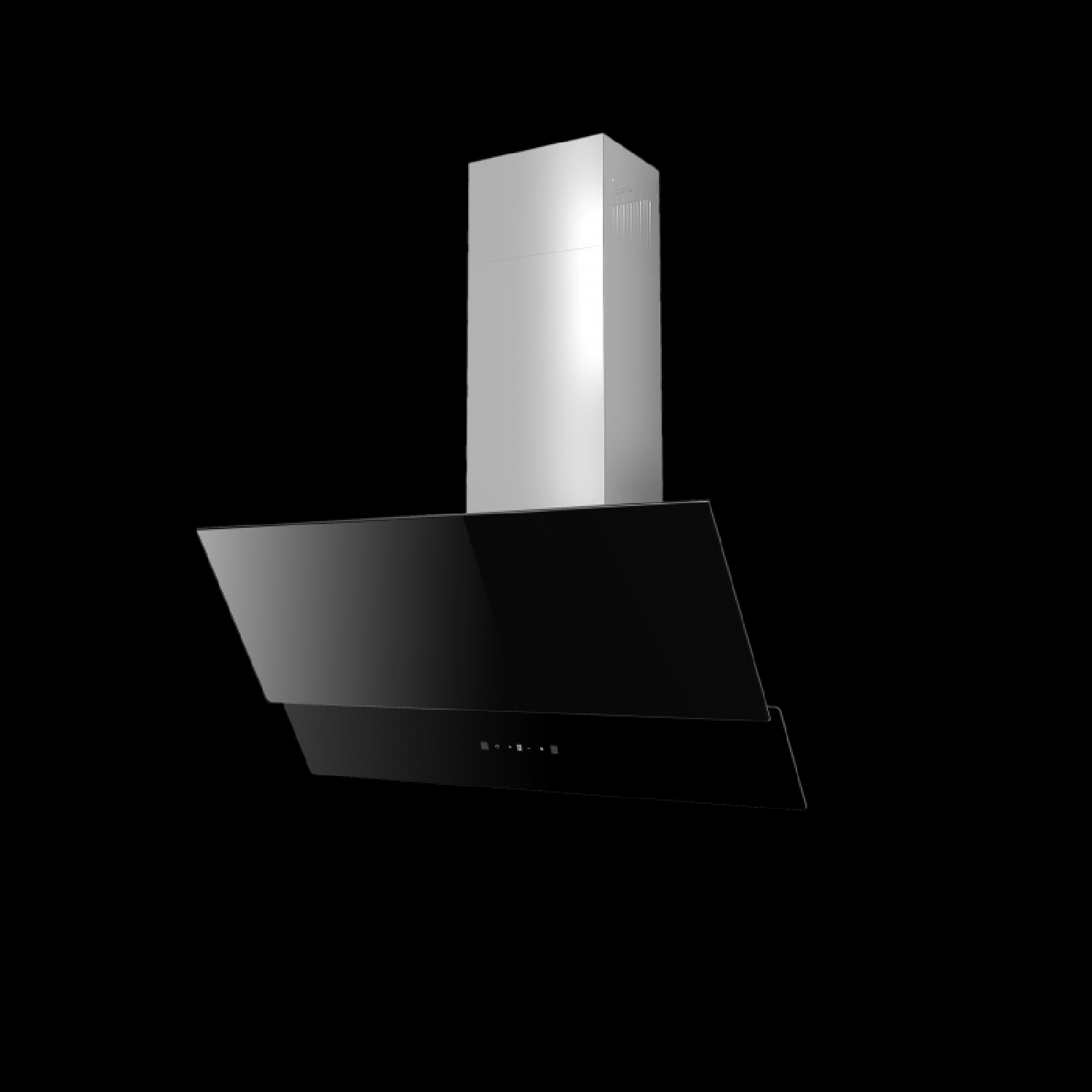 Una campana de cocina moderna negra y plateada sobre fondo negro. Tiene un panel de vidrio y una chimenea plateada.