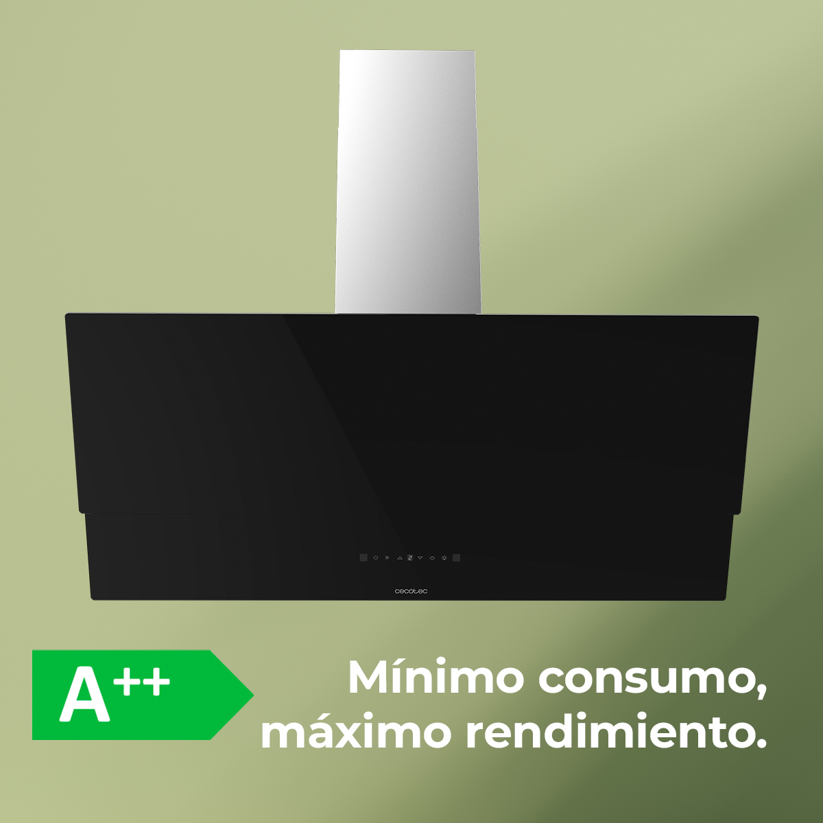 Campana extractora negra con chimenea plateada. Con etiqueta energética verde y texto en español: Consumo mínimo, máximo rendimiento.