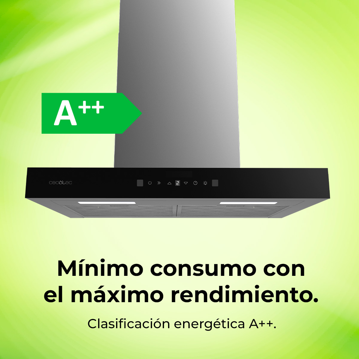 Campana de cocina moderna con panel negro. Etiqueta de eficiencia energética A++ a la izquierda. Texto: Mínimo consumo con máximo rendimiento.