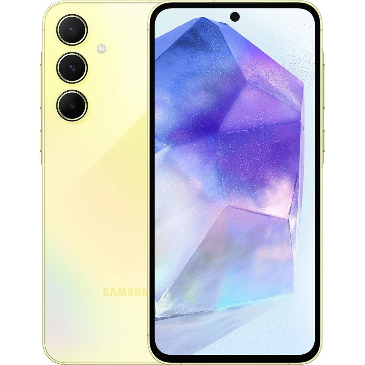 Sarı bir Samsung telefon. Üç arka kamera, ön kamera ve mor ve mavi kristal tasarımlı bir ekran.