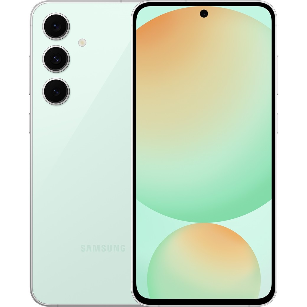 Üç arka kamerası ve soyut bir gradyan gösteren ekranı olan nane yeşili bir Samsung akıllı telefon.