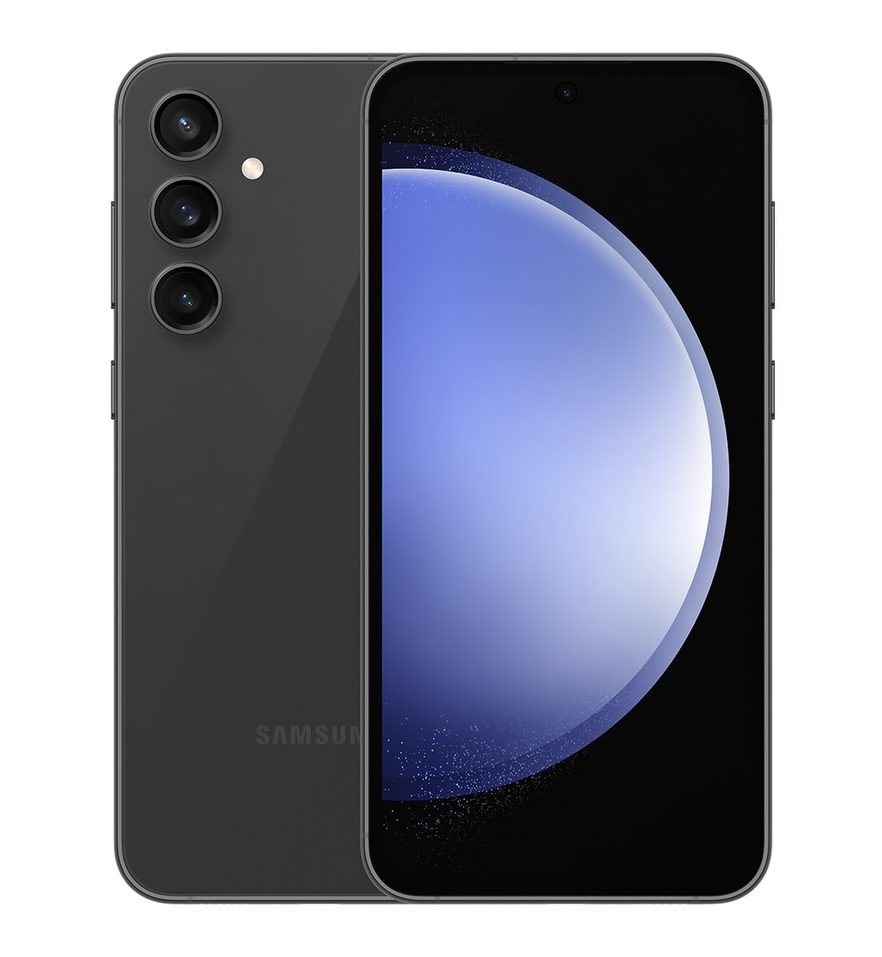Koyu gri bir Samsung telefon. Arkada üç kamera lensi var. Ekran mavi ve beyaz bir tasarım gösteriyor. SAMSUNG logosu görünür.