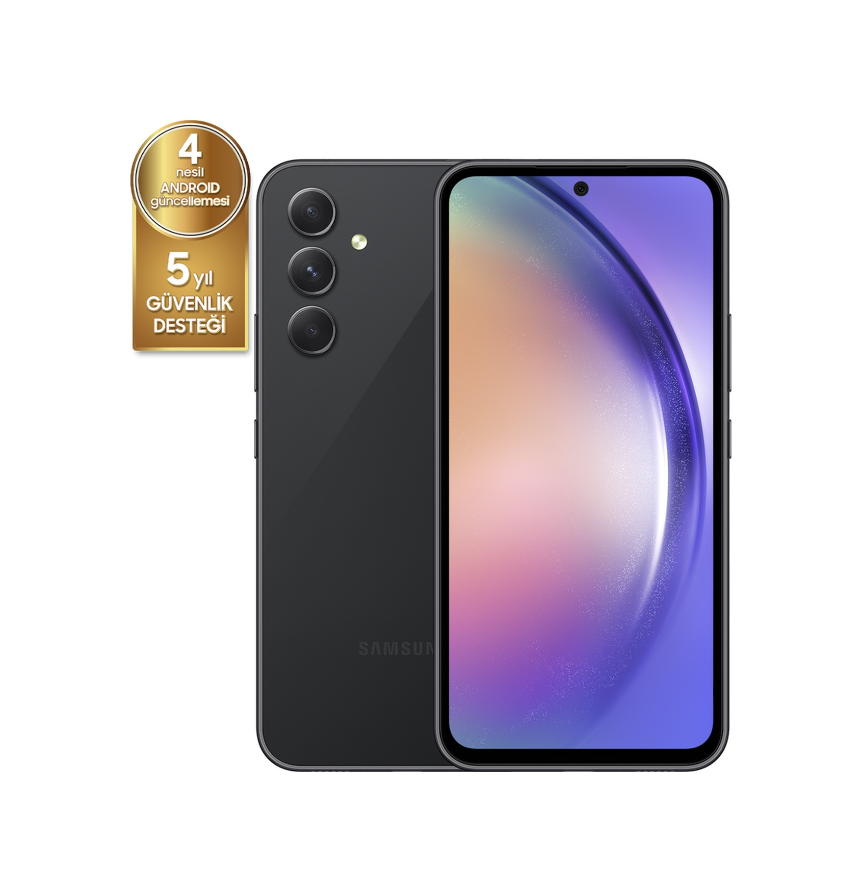 Koyu gri bir Samsung telefon. Ekran açık, renkli bir gradyan gösteriyor. Altın bir etiket güncellemeleri ve güvenliği belirtiyor.