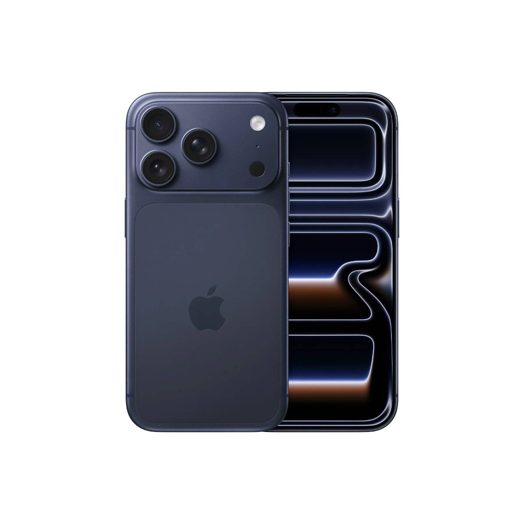 Smartphone blu scuro con tre fotocamere posteriori e logo Apple. Lo schermo mostra una sfumatura colorata.