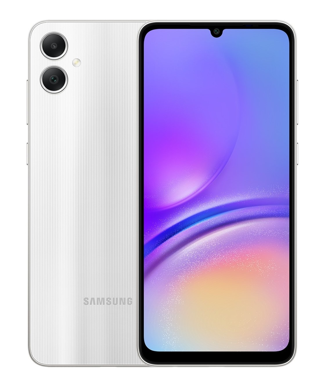 Mor ve maviden oluşan bir gradyan gösteren ekrana sahip beyaz bir Samsung akıllı telefon. Arkasında iki kamera ve Samsung logosu var.