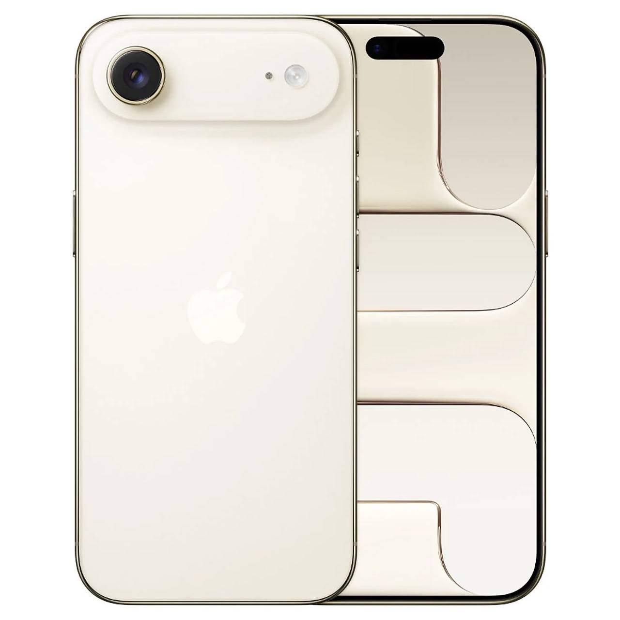 Kremowy smartfon ze złotymi obramowaniami. Ma wystającą kamerę i logo Apple. Ekran ma unikalny design.