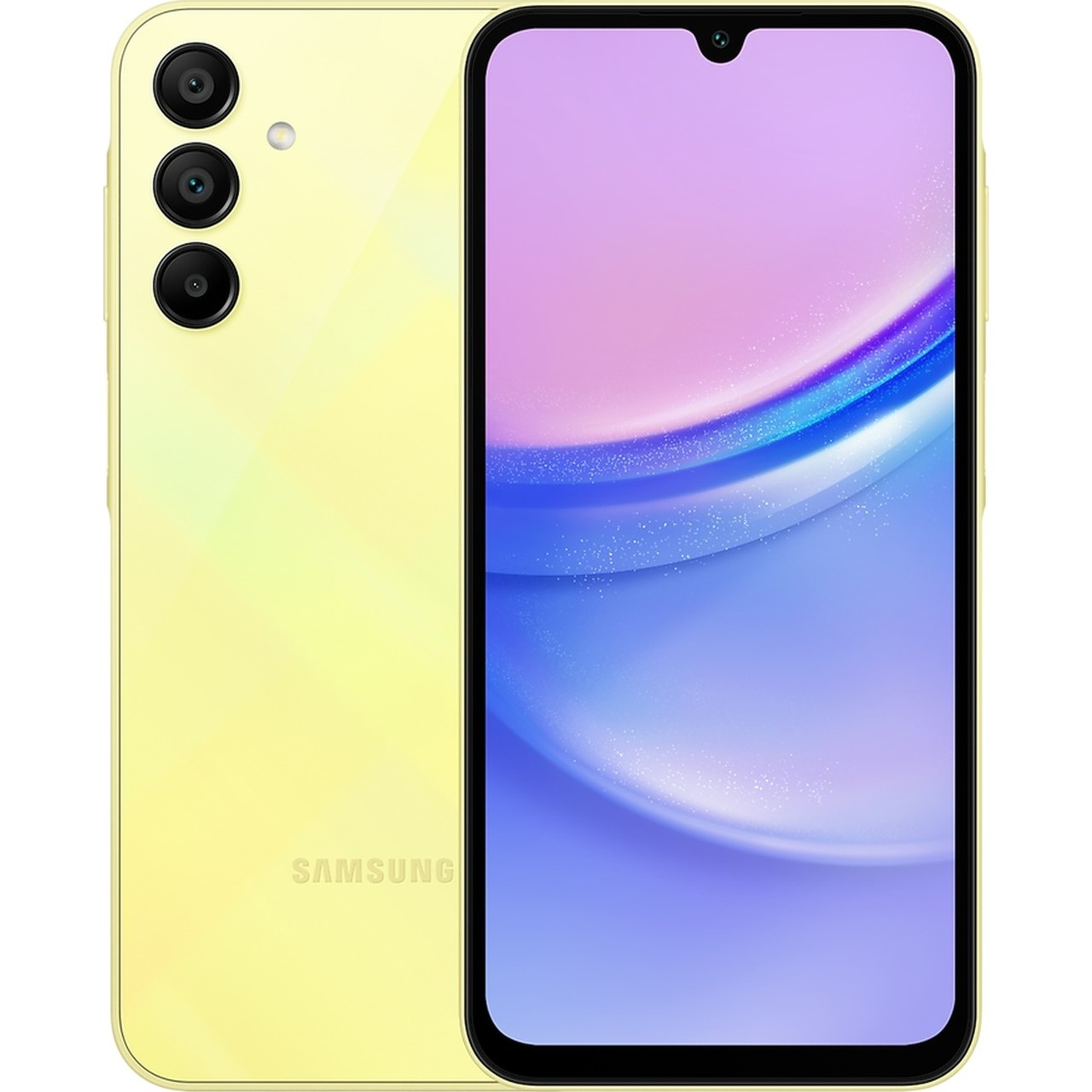 Sarı Samsung akıllı telefon, üç kameralı arka taraf, mor ve mavi renkleri gösteren ekranlı ön taraf.
