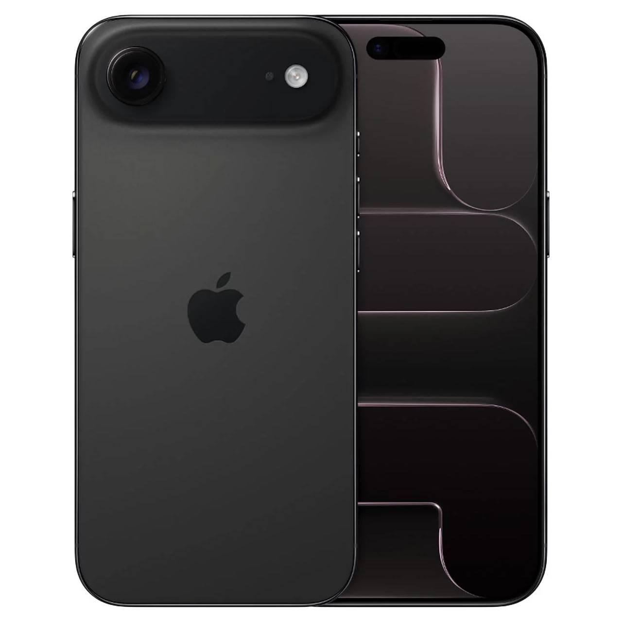 Czarna koncepcja smartfona z dwoma aparatami i logo Apple. Prawa strona pokazuje drugi ekran.