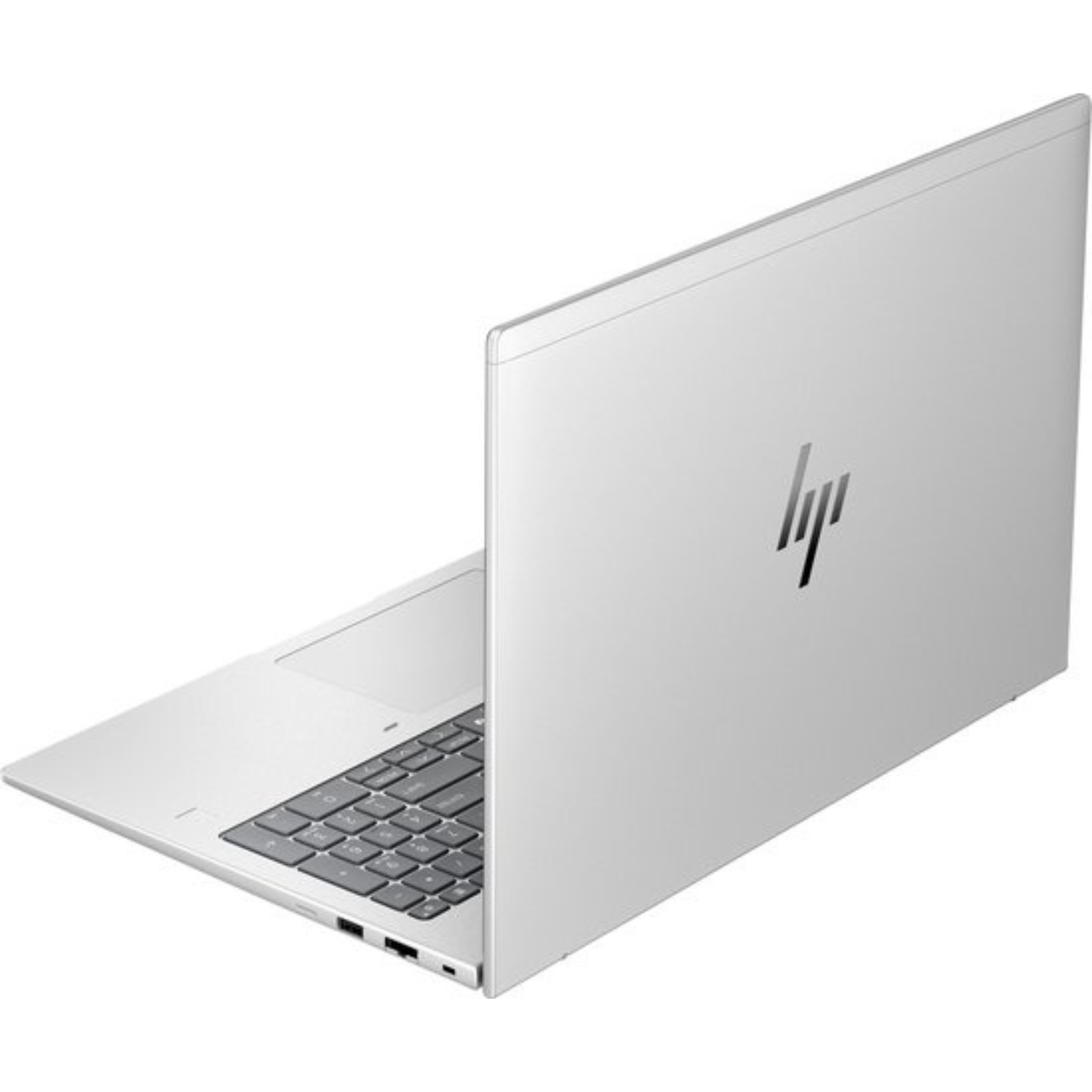 A silver HP laptop is open, showing the keyboard and the back with the HP logo. The background is white.