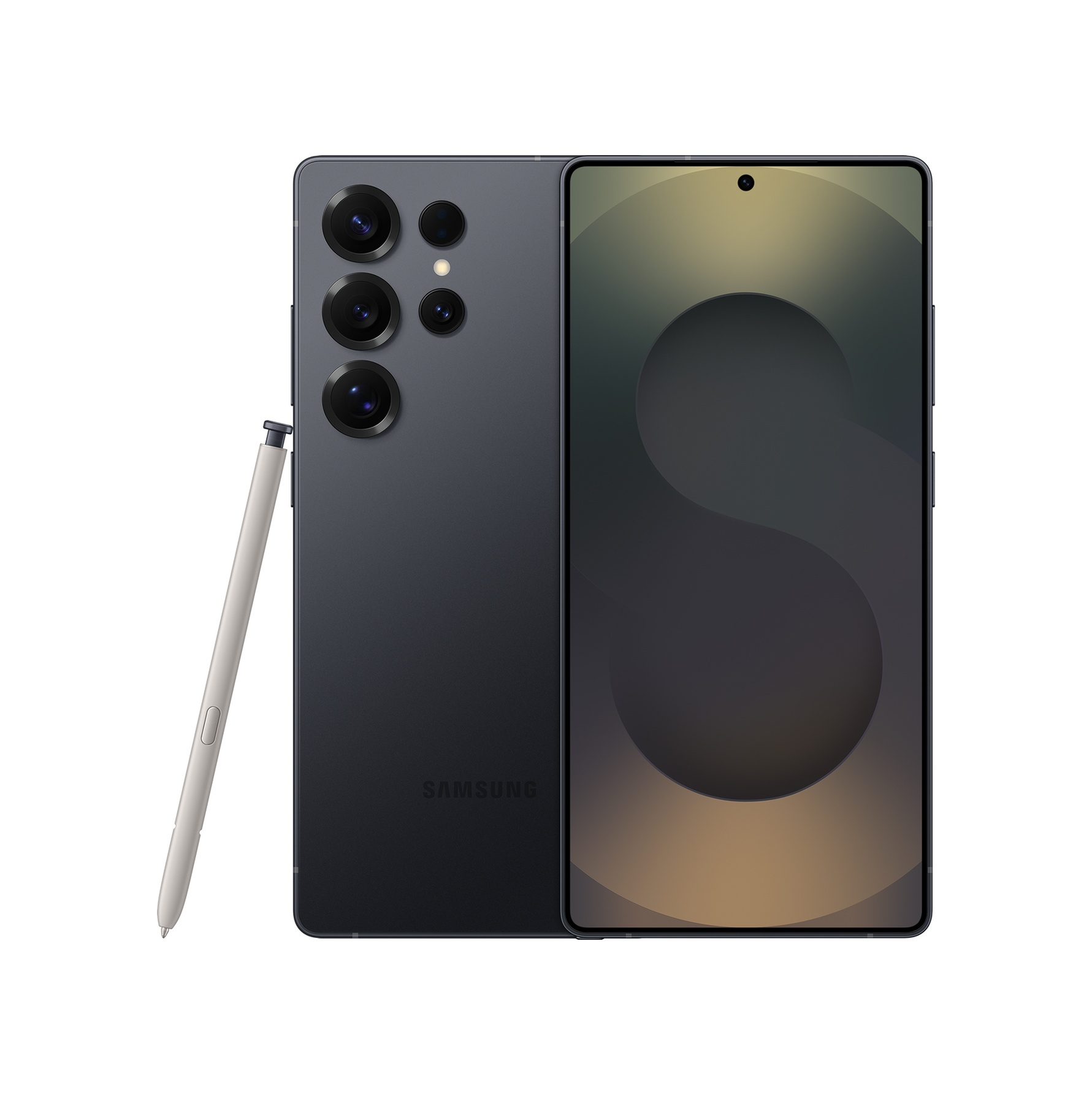 Üç kameralı, S-pen'li ve soyut bir görüntü gösteren ekranlı, koyu gri bir Samsung telefon.