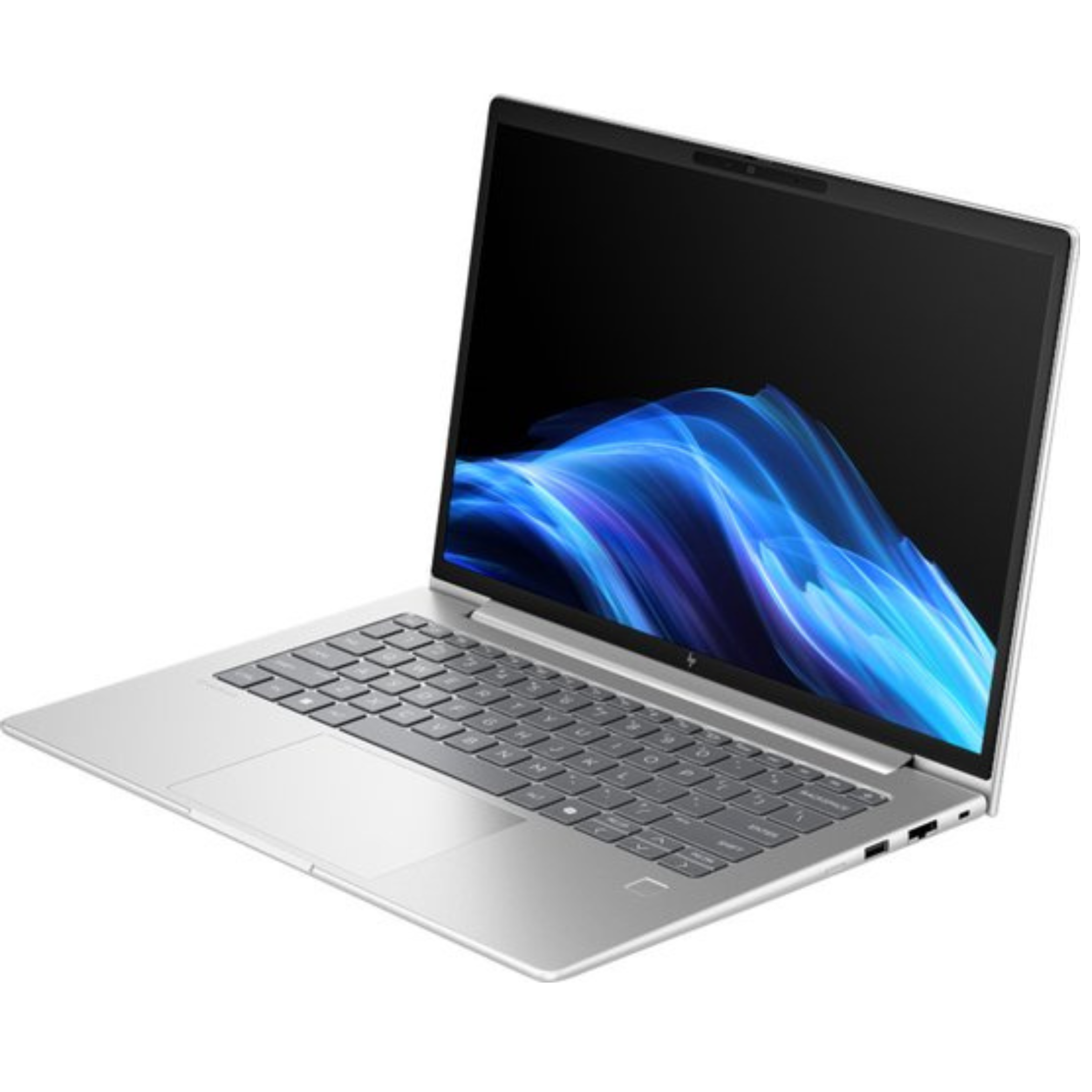 Zilveren laptop met zwart scherm met blauwe abstracte kunst. Toetsenbord zichtbaar. Geopend op witte achtergrond.