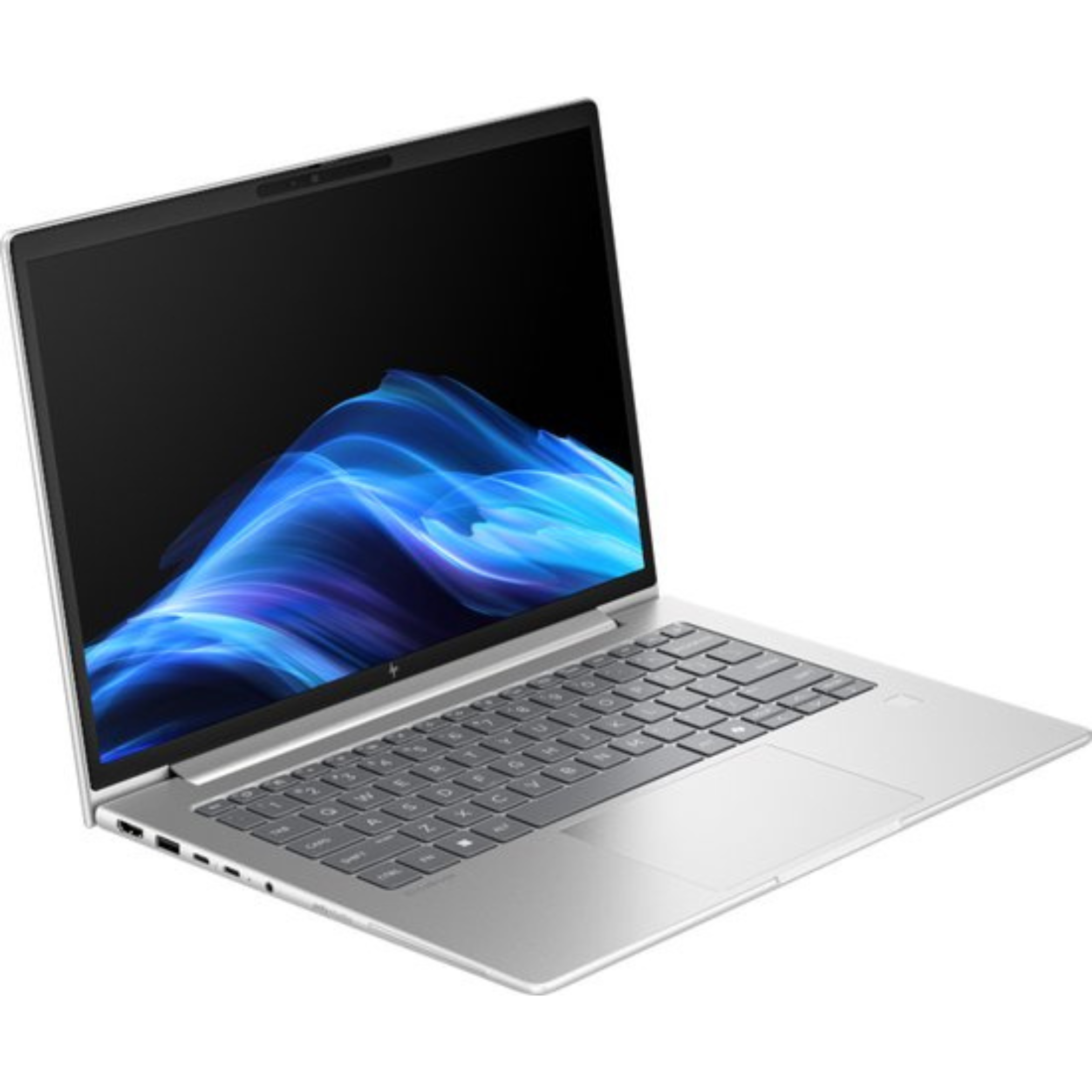 Zilveren laptop open, met toetsenbord en scherm met blauw abstract ontwerp. Witte achtergrond.