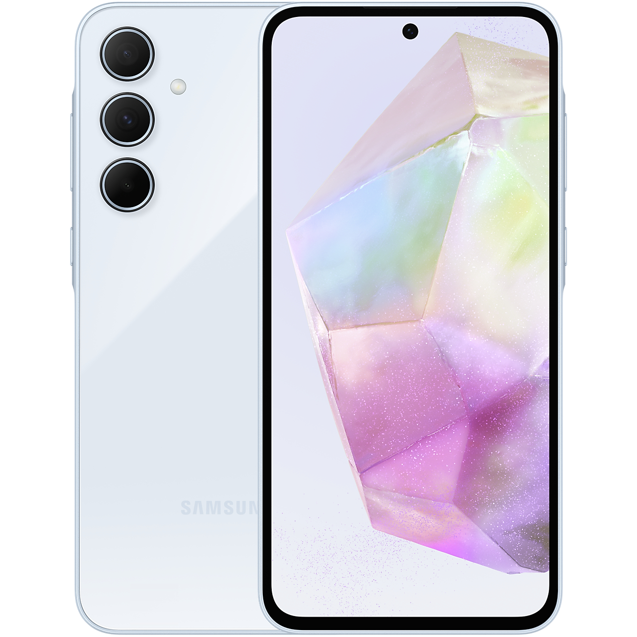 Açık mavi bir Samsung telefon, renkli bir kristal sergiliyor. Arkada üç kamera görülüyor. Ekran açık.