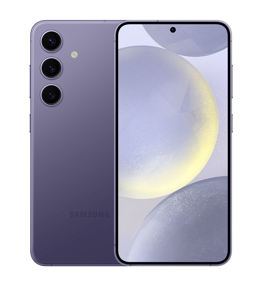 Mor renkli bir Samsung telefon, ön ve arka görünümü. Ön tarafında açık renkli bir arka planı olan bir ekran var. Arkada üç kamera.