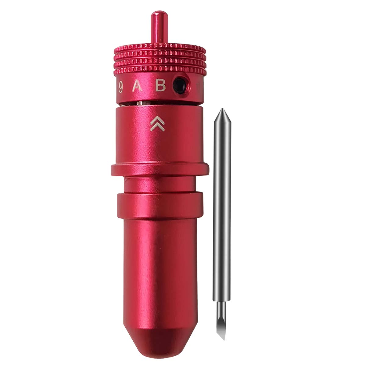 Un utensile da taglio rosso con una lama argentata. L'utensile ha un corpo cilindrico con segni. La lama è dritta e affilata.