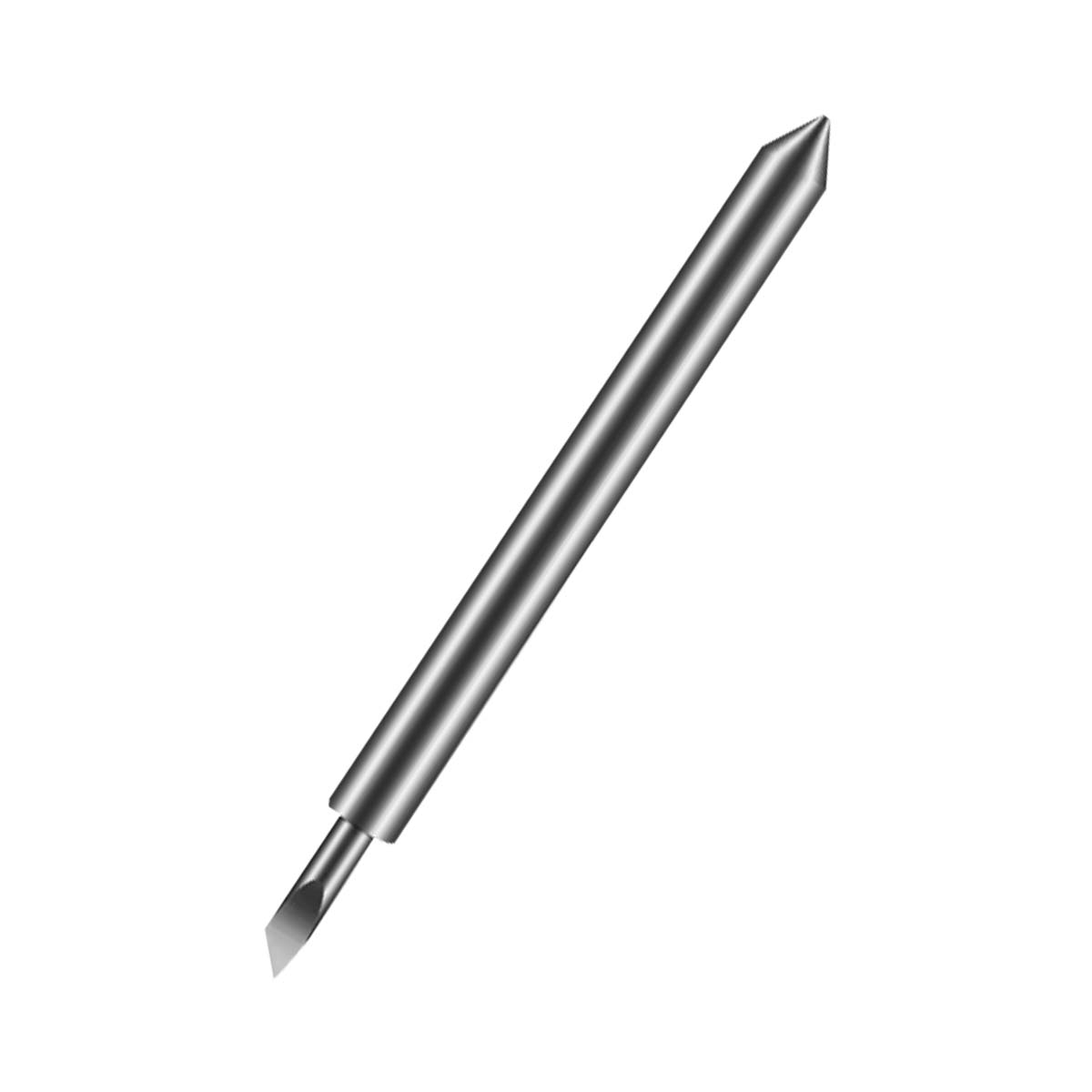 Un utensile da taglio metallico con punta affilata e lama piatta angolata. L'utensile è su uno sfondo bianco liscio.