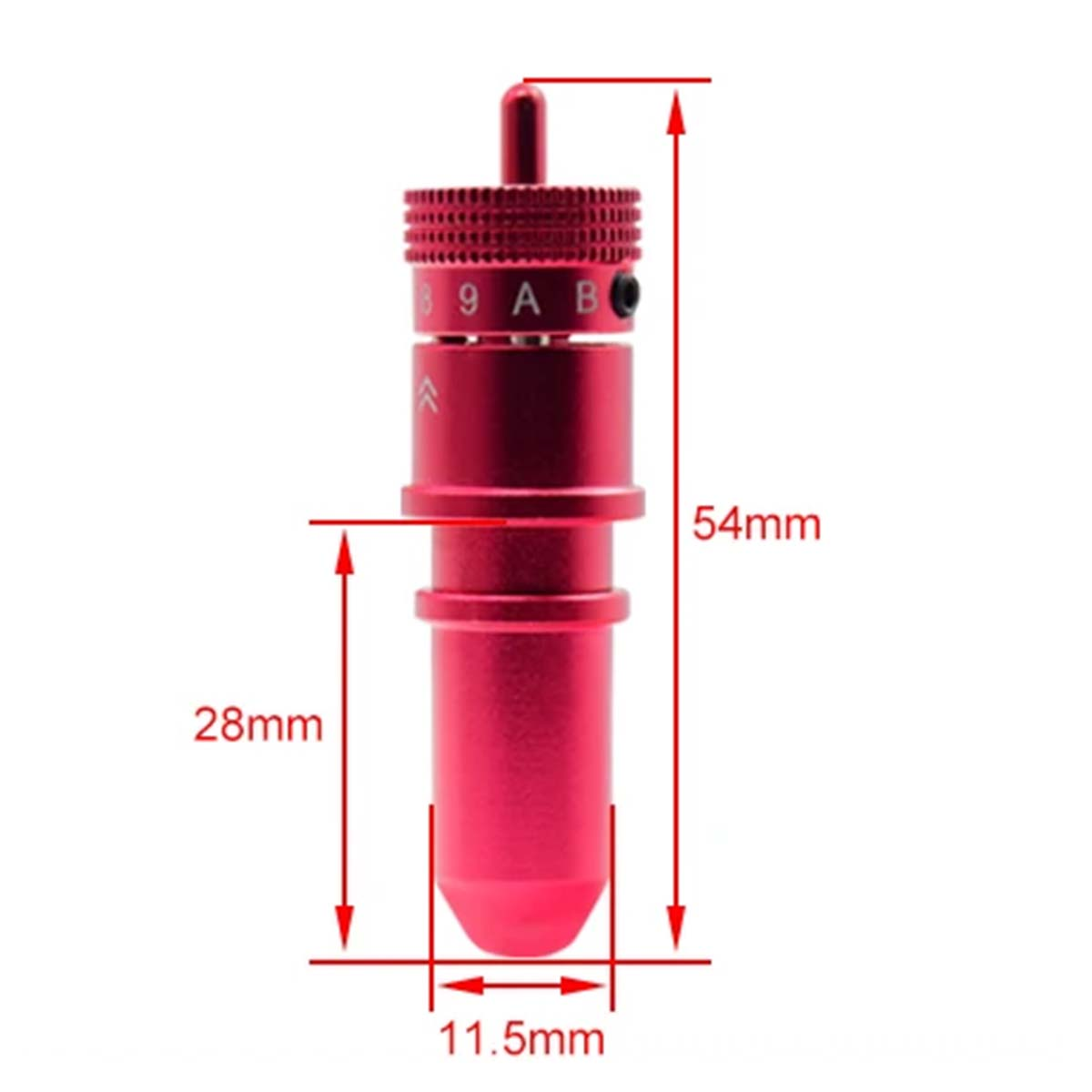 Uno strumento rosso con misure: 54 mm, 28 mm e 11,5 mm. Ha una parte superiore con numeri e lettere e un'estremità appuntita.