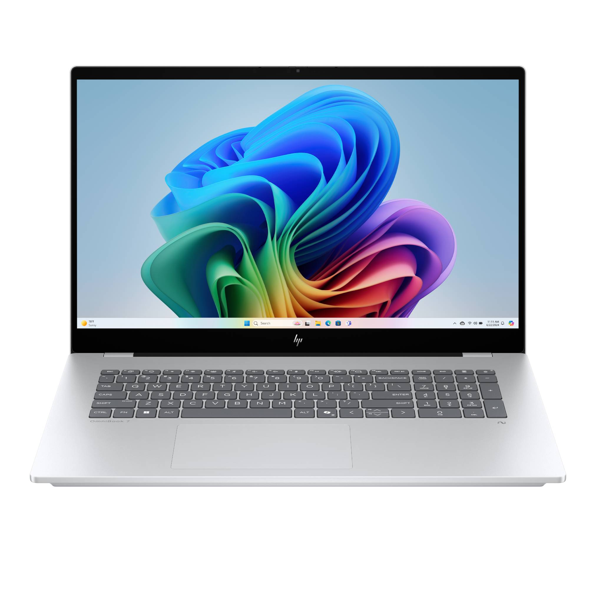 Een zilveren HP-laptop is open. Het scherm toont een kleurrijk abstract ontwerp. Het toetsenbord is zichtbaar.