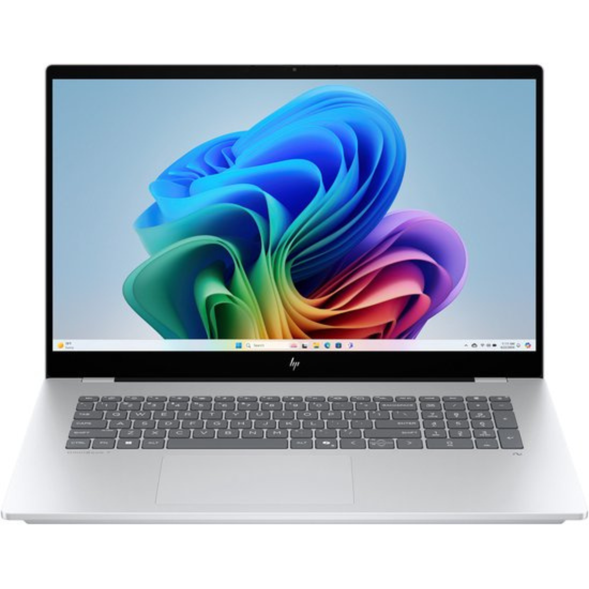 Zilveren HP laptop open, met een kleurrijke abstracte afbeelding op het scherm. Toetsenbord en touchpad zichtbaar.