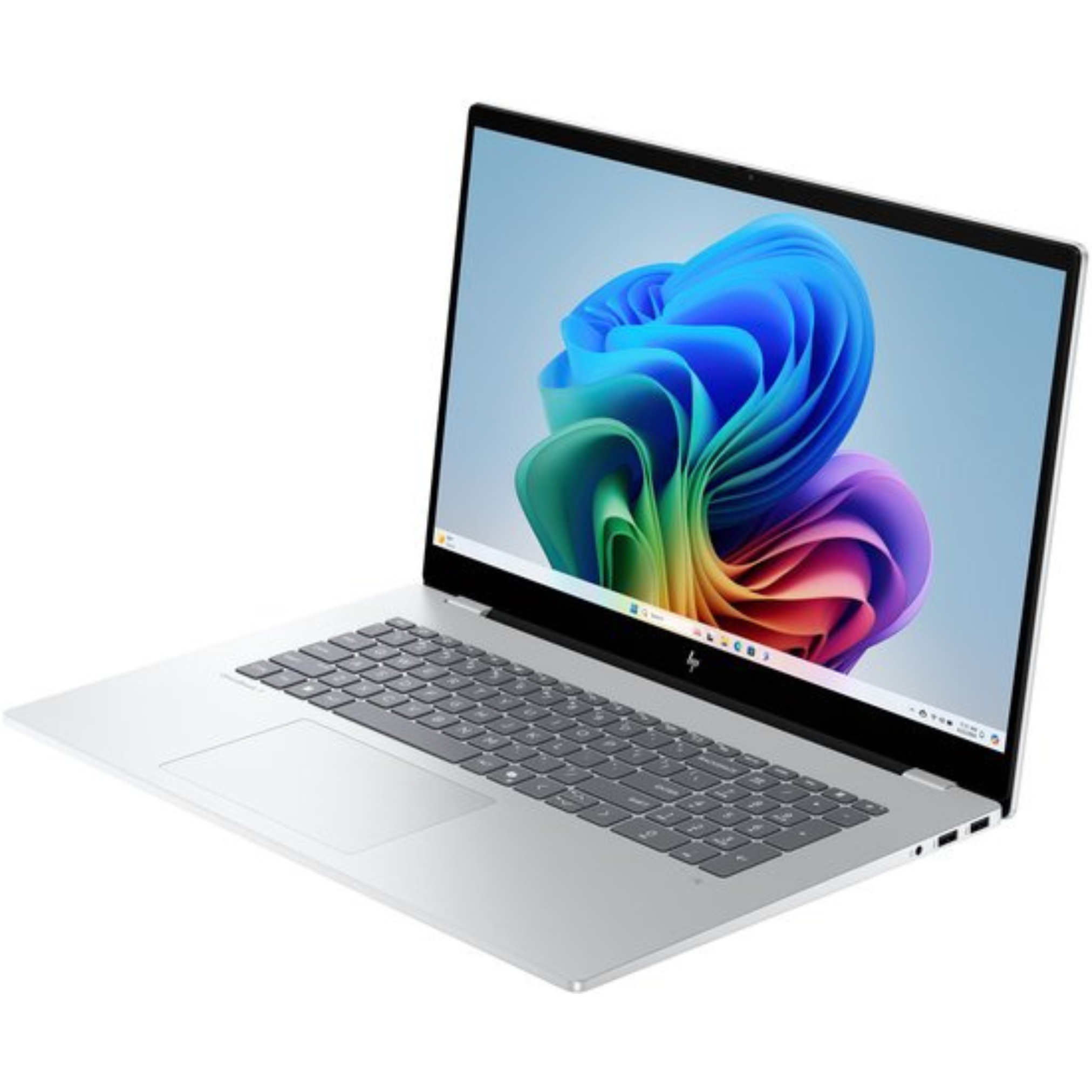 Zilveren laptop met open scherm, met een kleurrijke abstracte afbeelding. Toetsenbord en touchpad zijn zichtbaar.