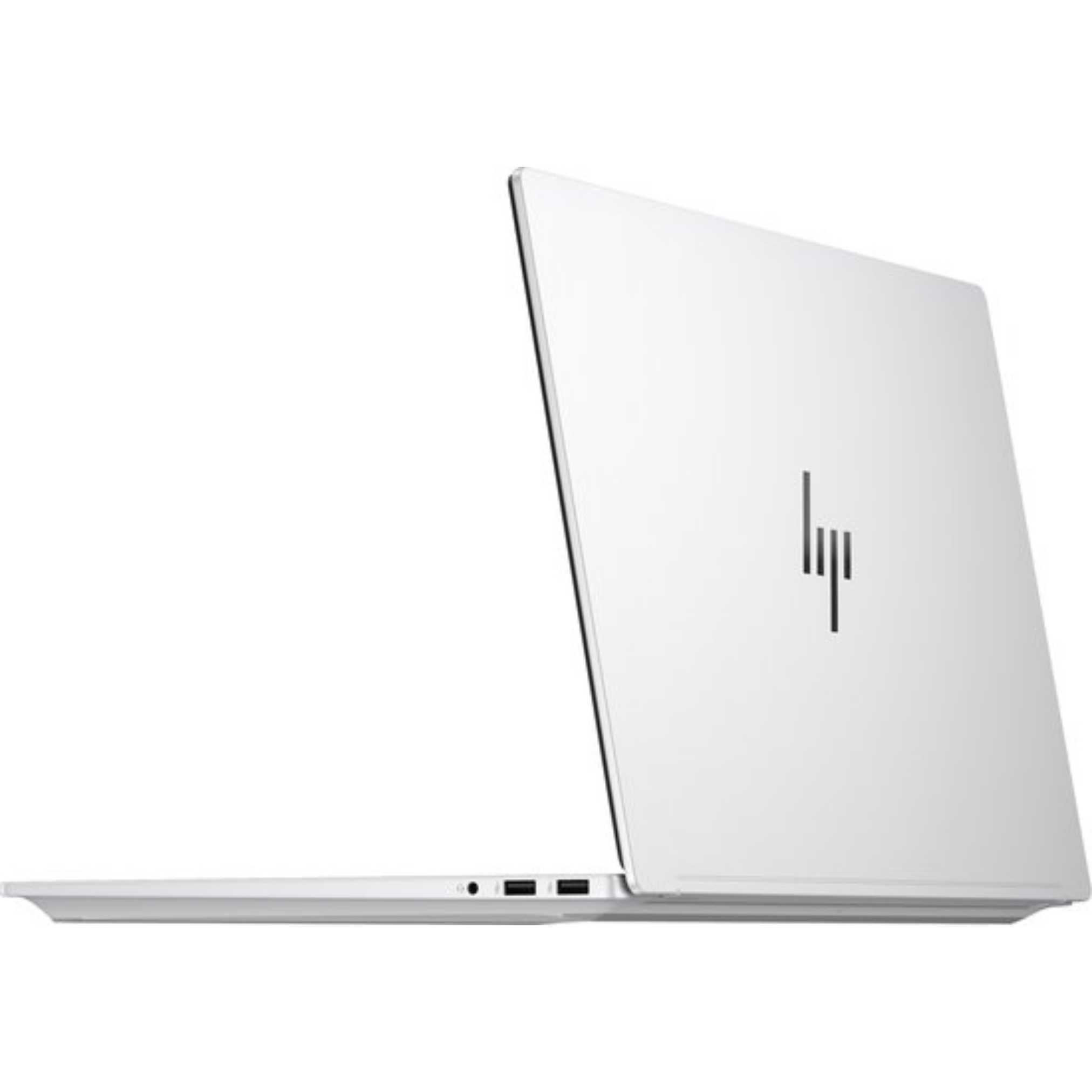 Een witte HP-laptop is gedeeltelijk open en toont de achterkant met het HP-logo. De laptop staat op een witte achtergrond.