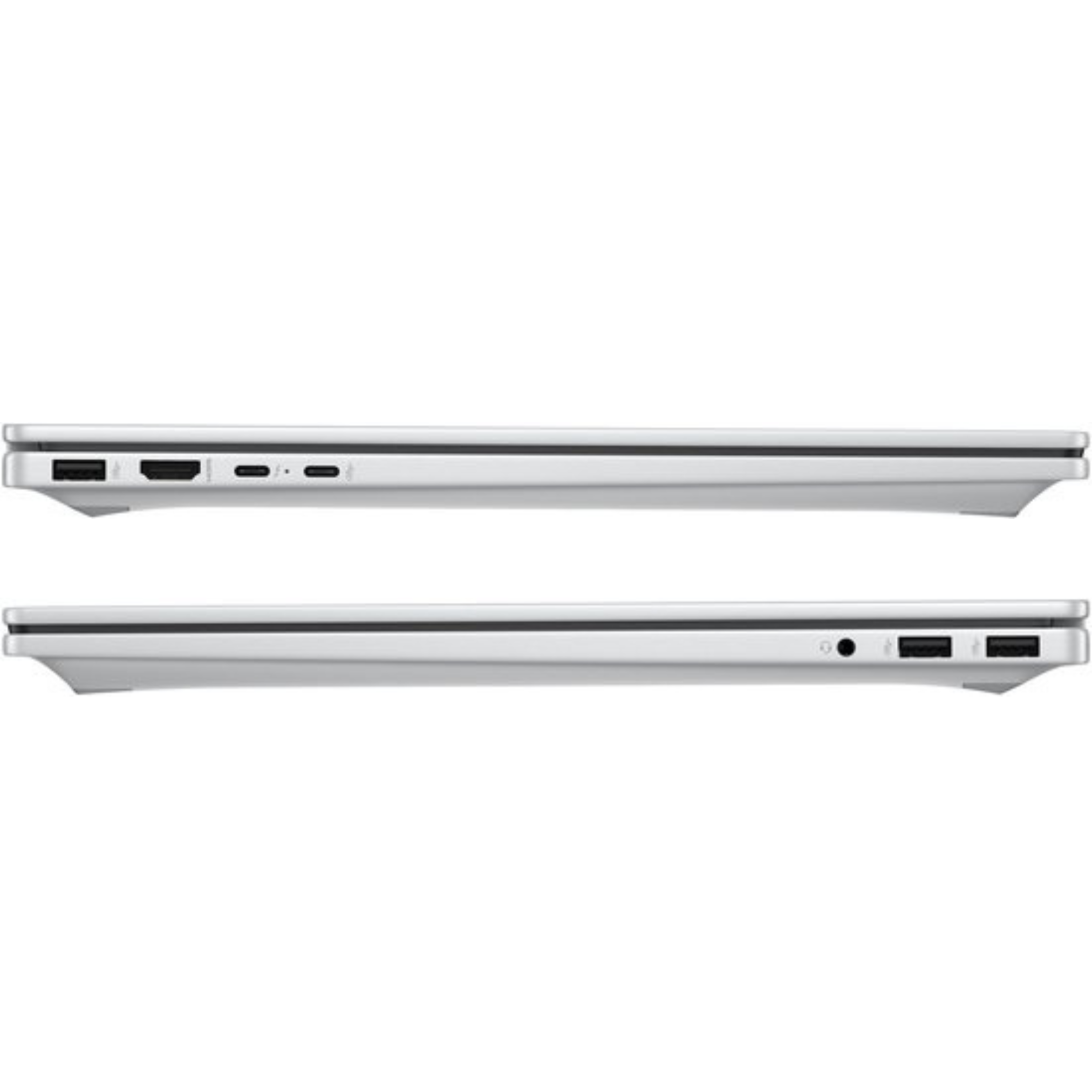 Twee zilveren laptops naast elkaar, met zichtbare poorten. Boven: USB, HDMI, USB-C. Onder: Hoofdtelefoon, USB.