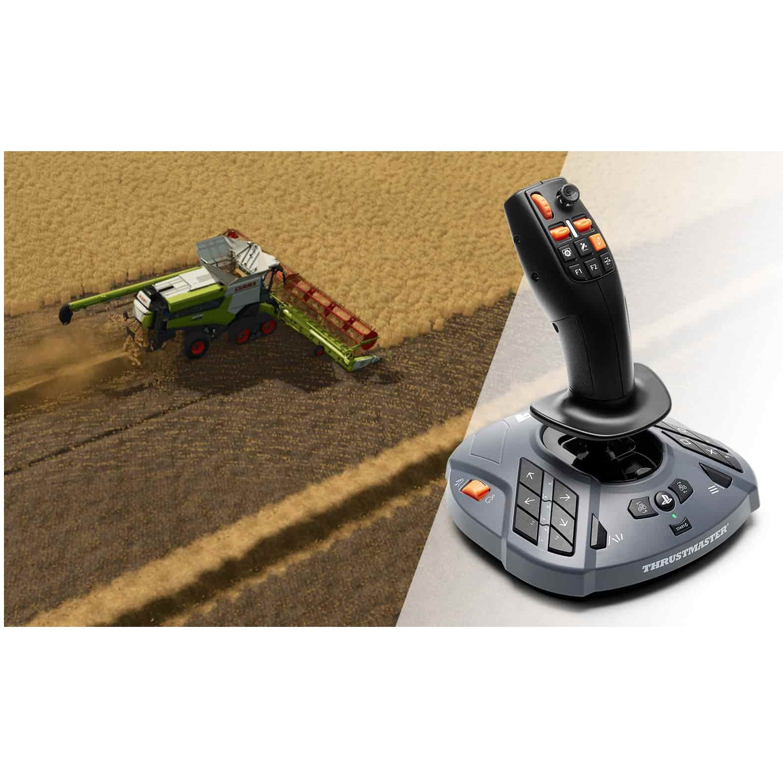 Een combine in een veld naast een Thrustmaster joystick. De joystick is zwart en grijs.