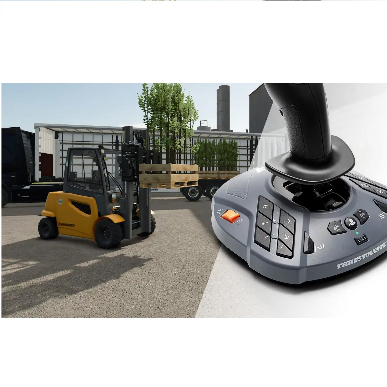 Een gele vorkheftruck tilt een houten kist met planten op. Een grijze joystick staat rechts.