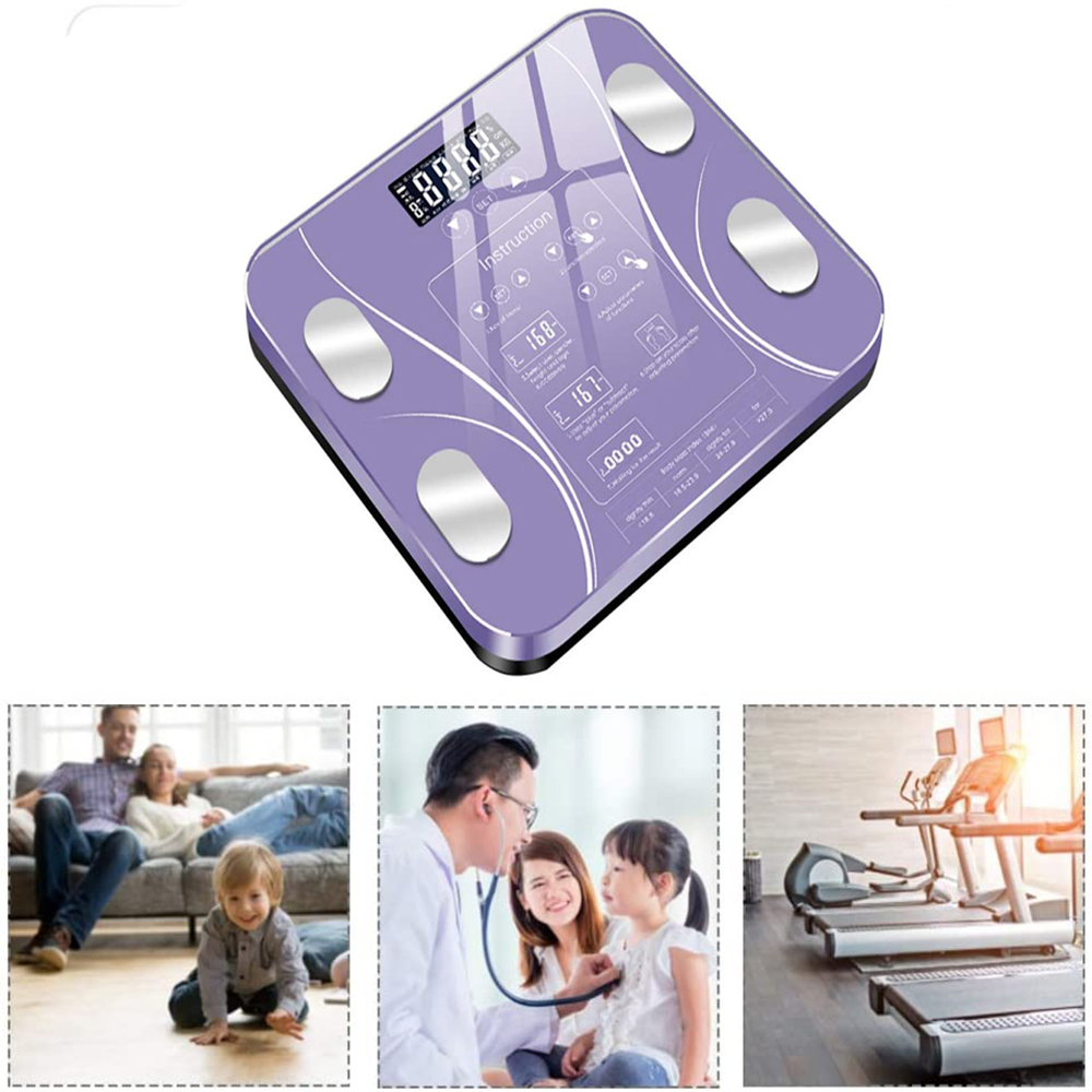 Eine Digitalwaage wird angezeigt, darunter eine Familie, ein Arzt und Fitnessgeräte.